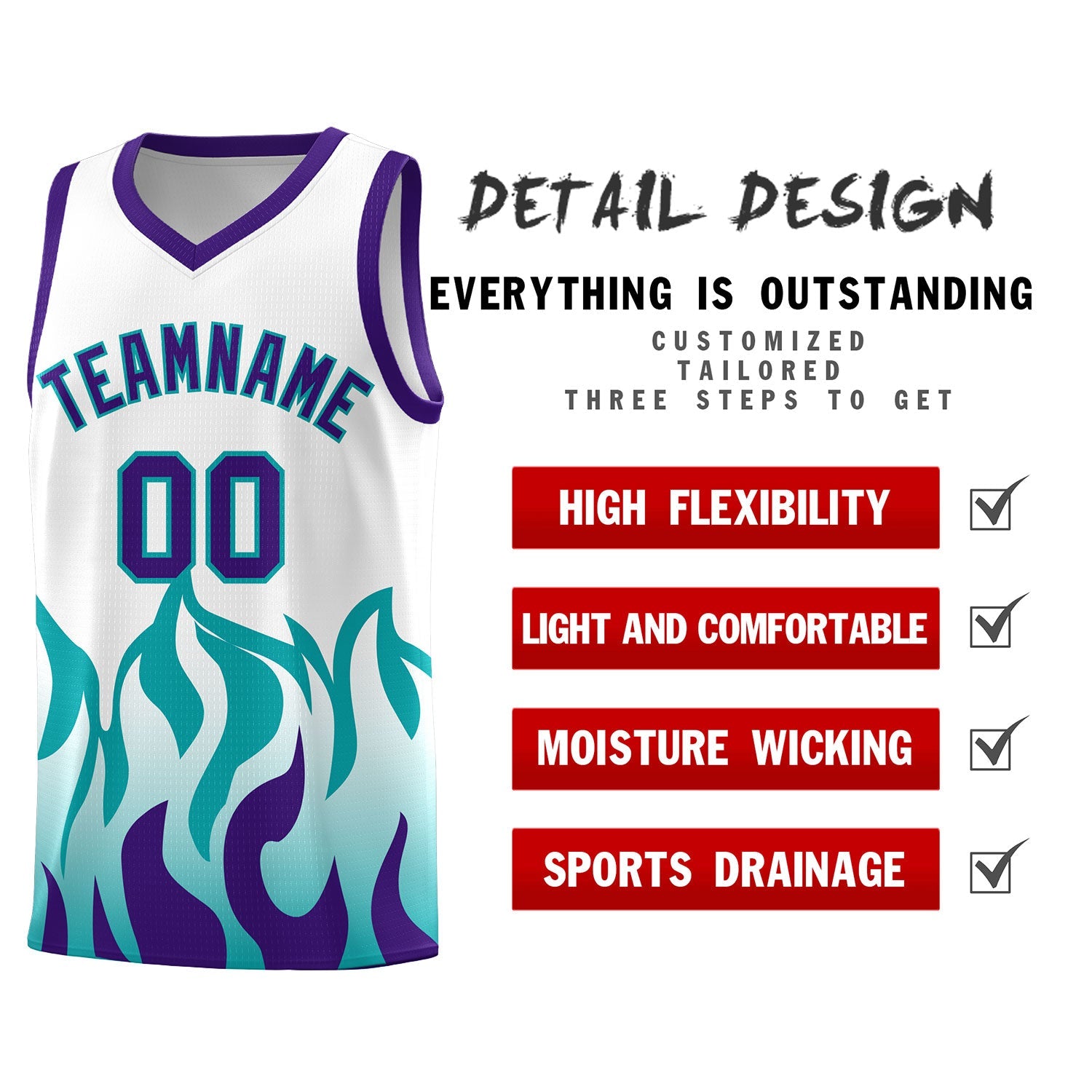 Custom White Aqua Hem Flame Pattern Fashion Sports Uniform Basketball jersey