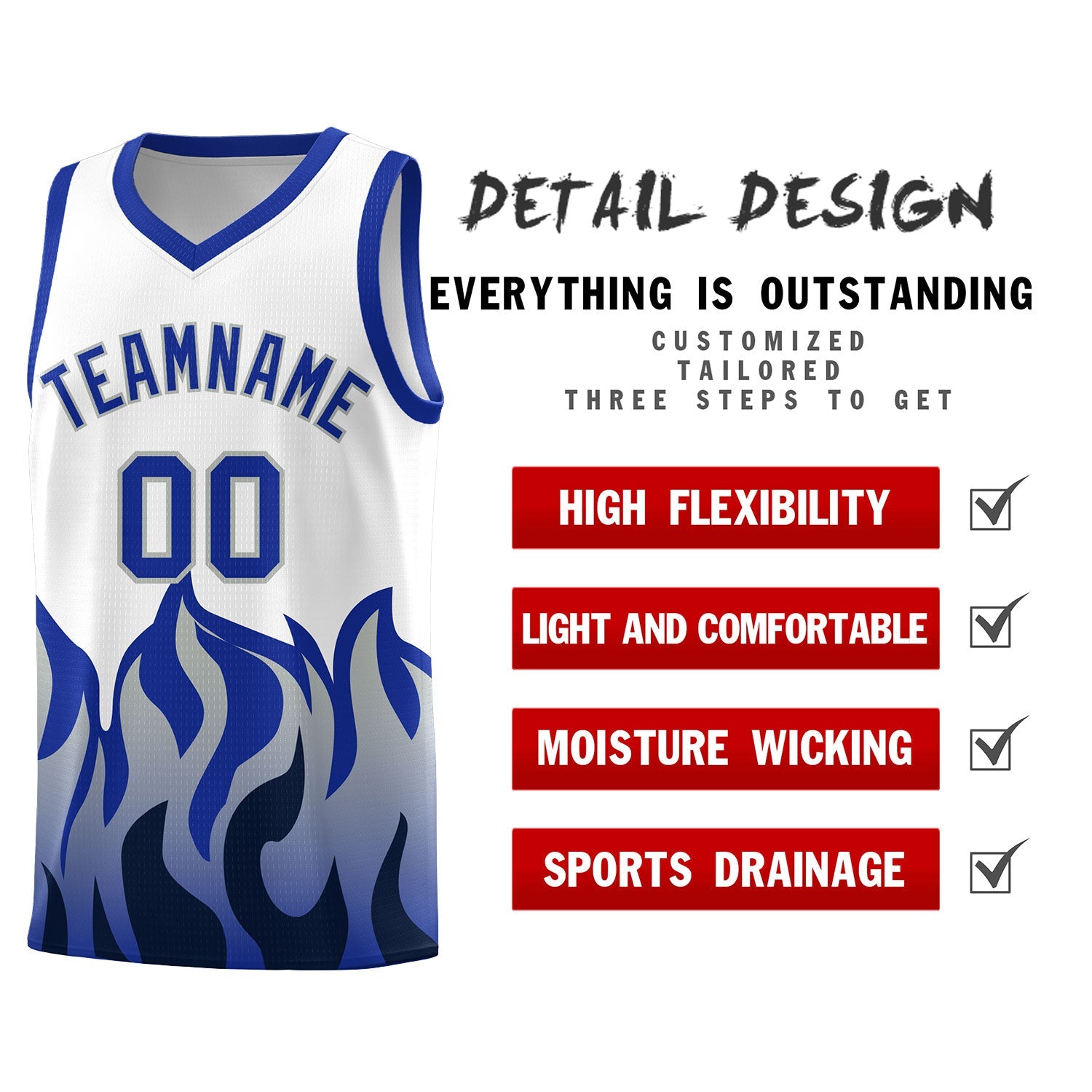 Custom White Royal Hem Flame Pattern Fashion Sports Uniform Basketball jersey