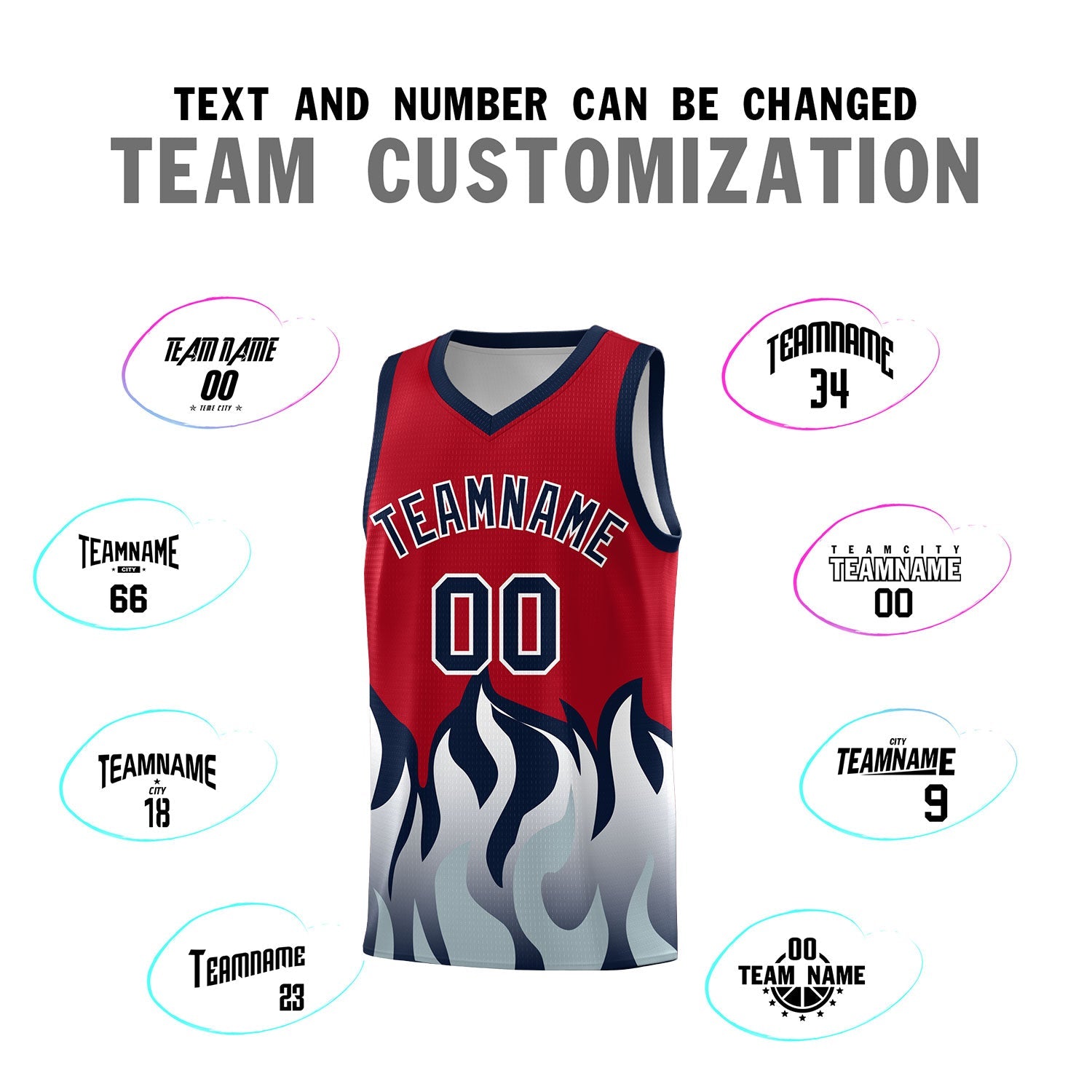 Custom Red Navy Hem Flame Pattern Fashion Sports Uniform Basketball jersey