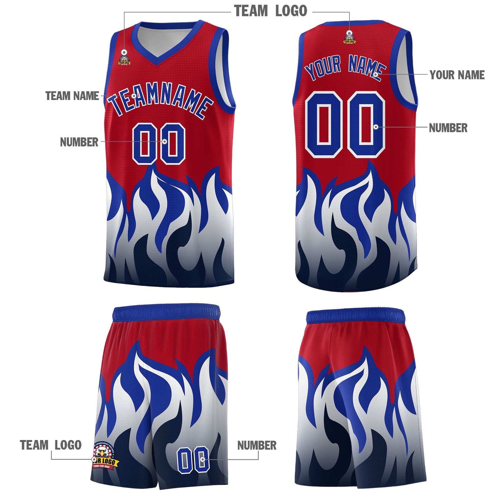 Custom Red Royal Hem Flame Pattern Fashion Sports Uniform Basketball jersey