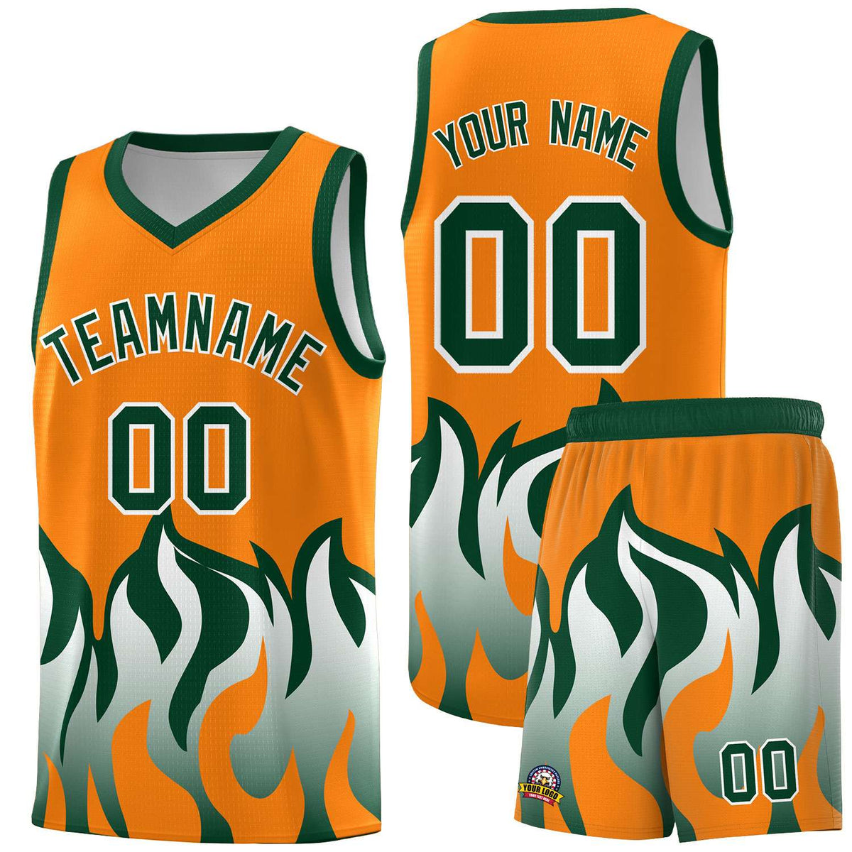 Custom Orange Hunter Green Hem Flame Pattern Fashion Sports Uniform Basketball jersey