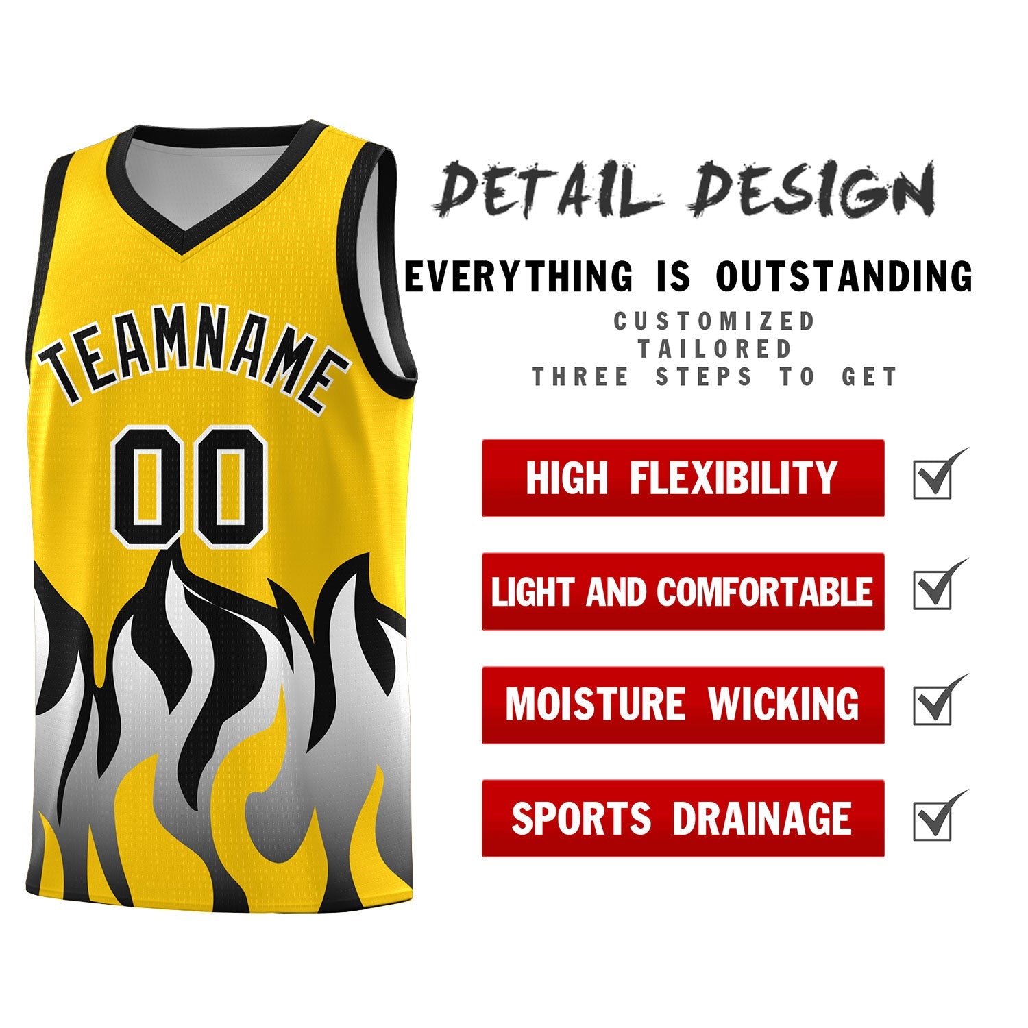 Custom Gold Black Hem Flame Pattern Fashion Sports Uniform Basketball jersey