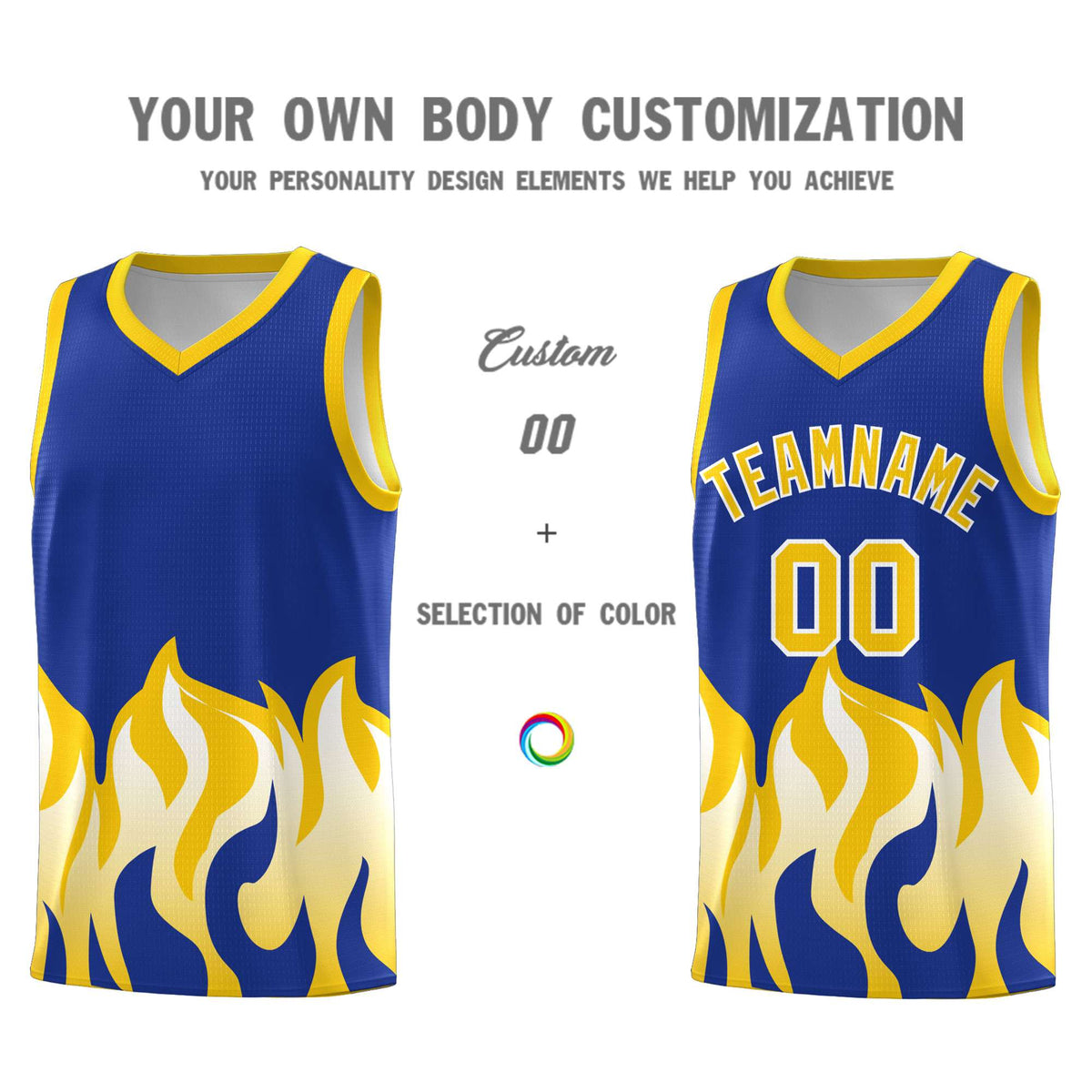 Custom Royal Gold Hem Flame Pattern Fashion Sports Uniform Basketball jersey