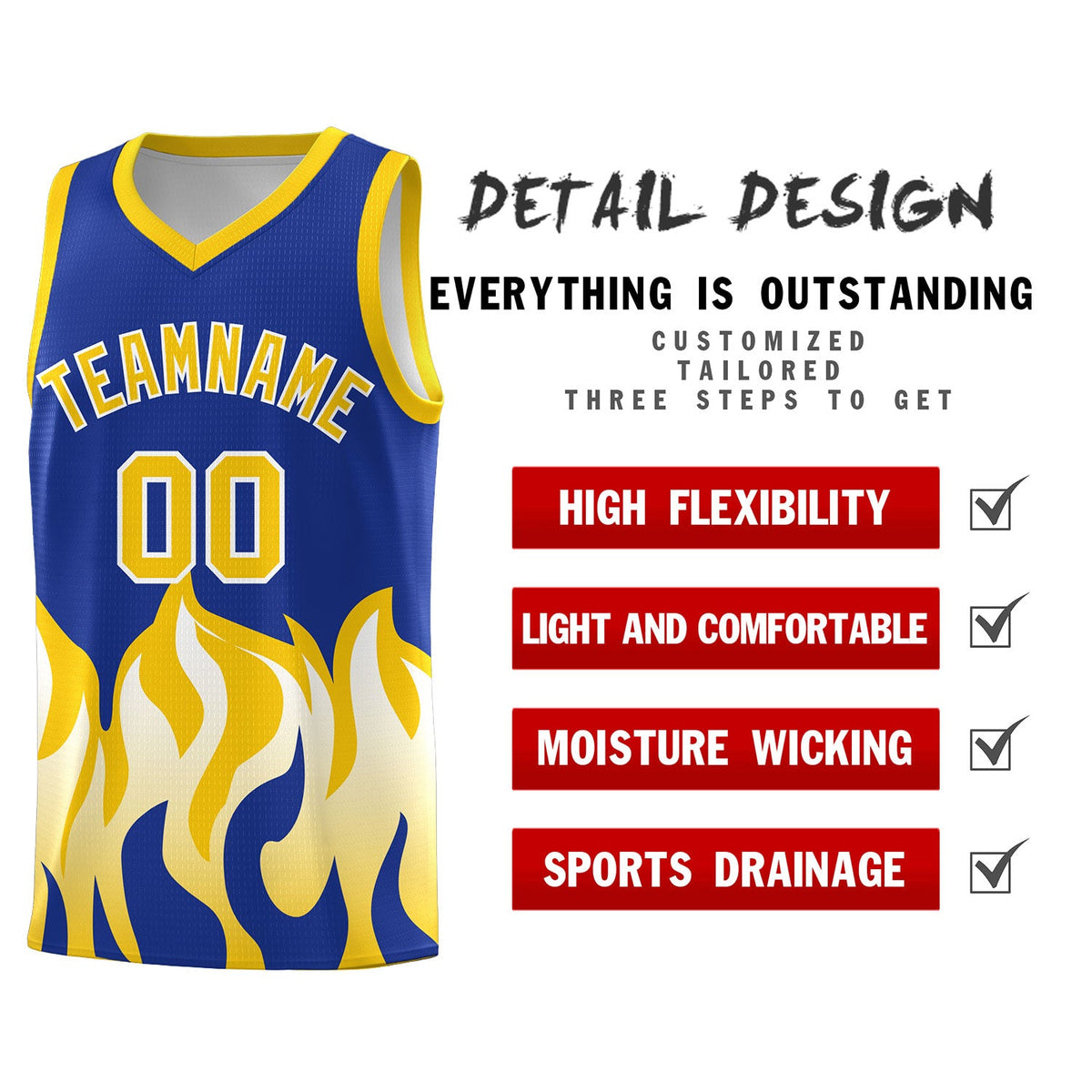Custom Royal Gold Hem Flame Pattern Fashion Sports Uniform Basketball jersey
