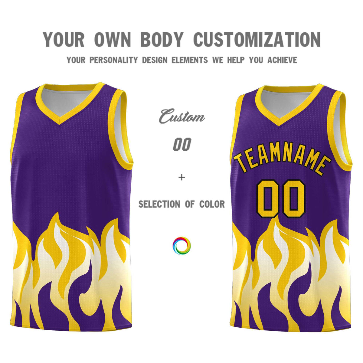 Custom Purple Gold Hem Flame Pattern Fashion Sports Uniform Basketball jersey