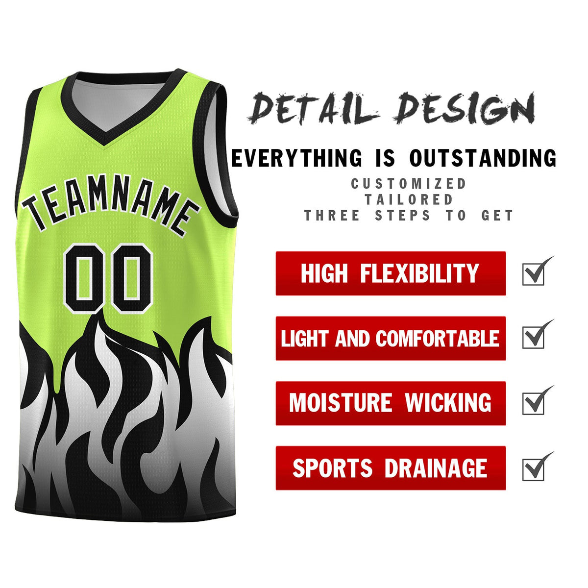 Custom Neon Green Black Hem Flame Pattern Fashion Sports Uniform Basketball jersey
