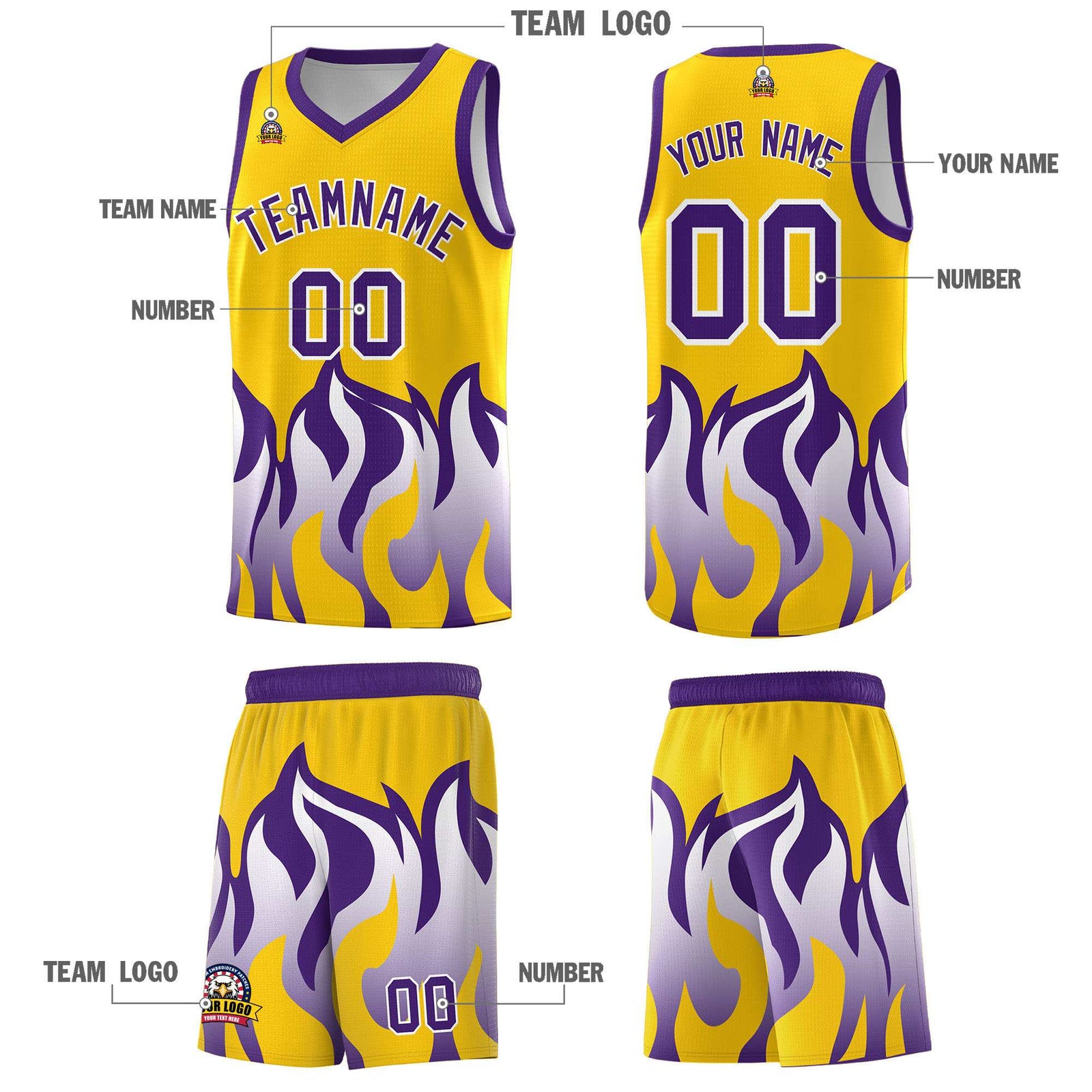 Custom Yellow Purple Hem Flame Pattern Fashion Sports Uniform Basketball jersey