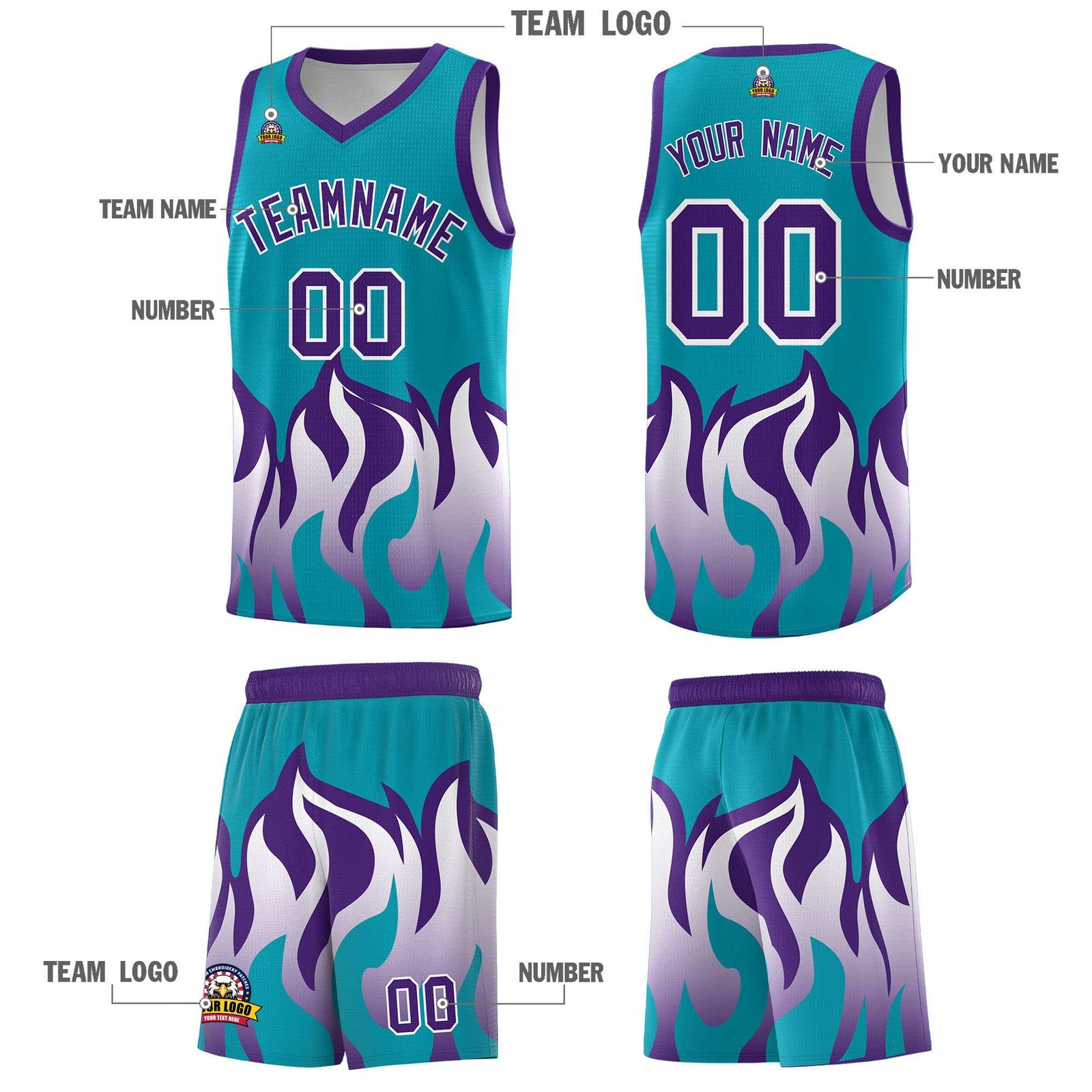 Custom Aqua Purple Hem Flame Pattern Fashion Sports Uniform Basketball jersey