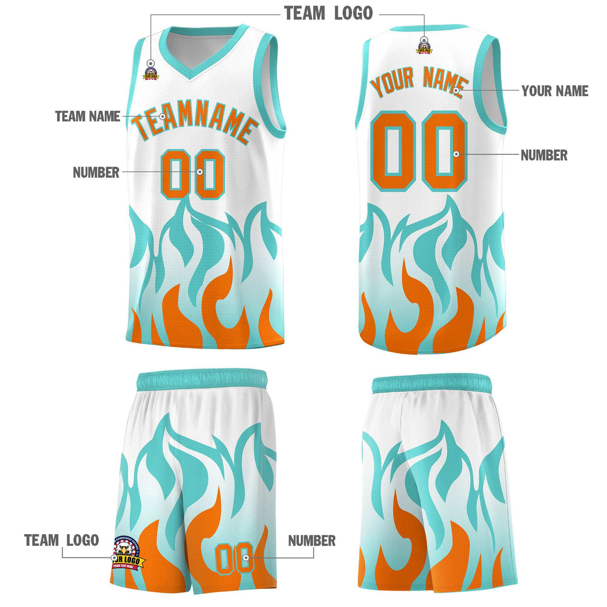Custom White Orange Hem Flame Pattern Fashion Sports Uniform Basketball jersey