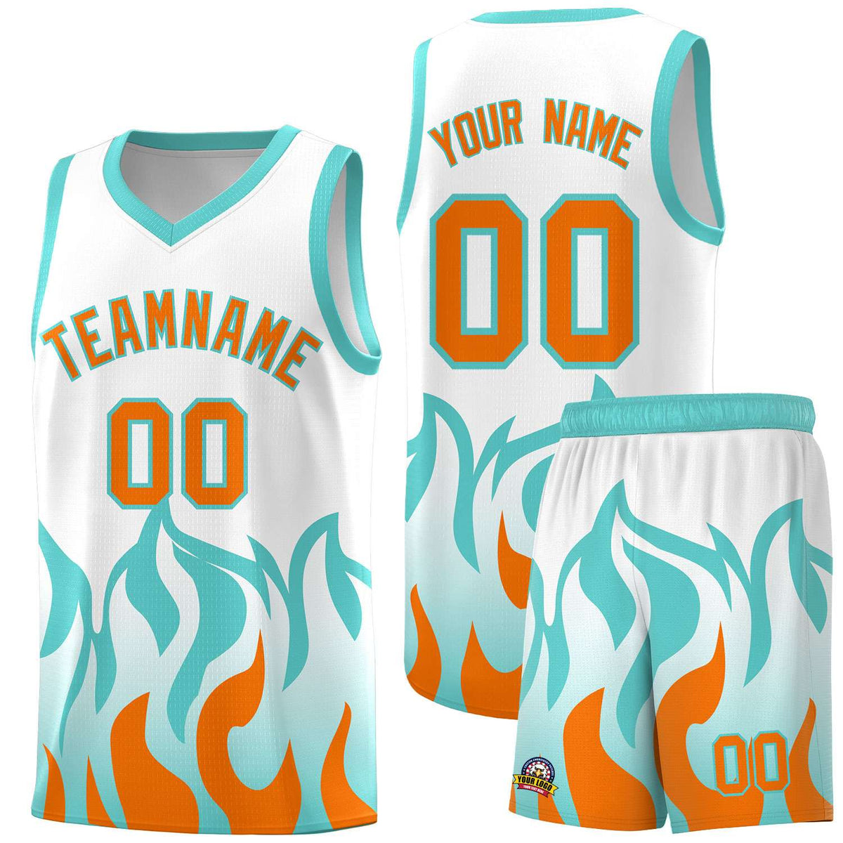 Custom White Orange Hem Flame Pattern Fashion Sports Uniform Basketball jersey