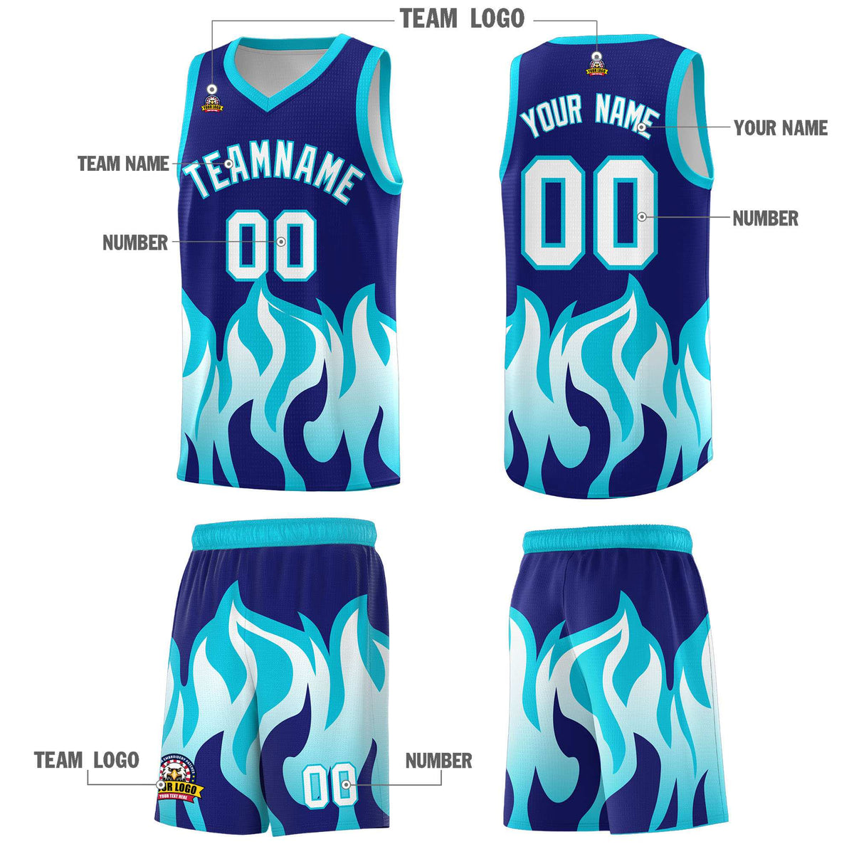 Custom Royal Sky Blue Hem Flame Pattern Fashion Sports Uniform Basketball jersey