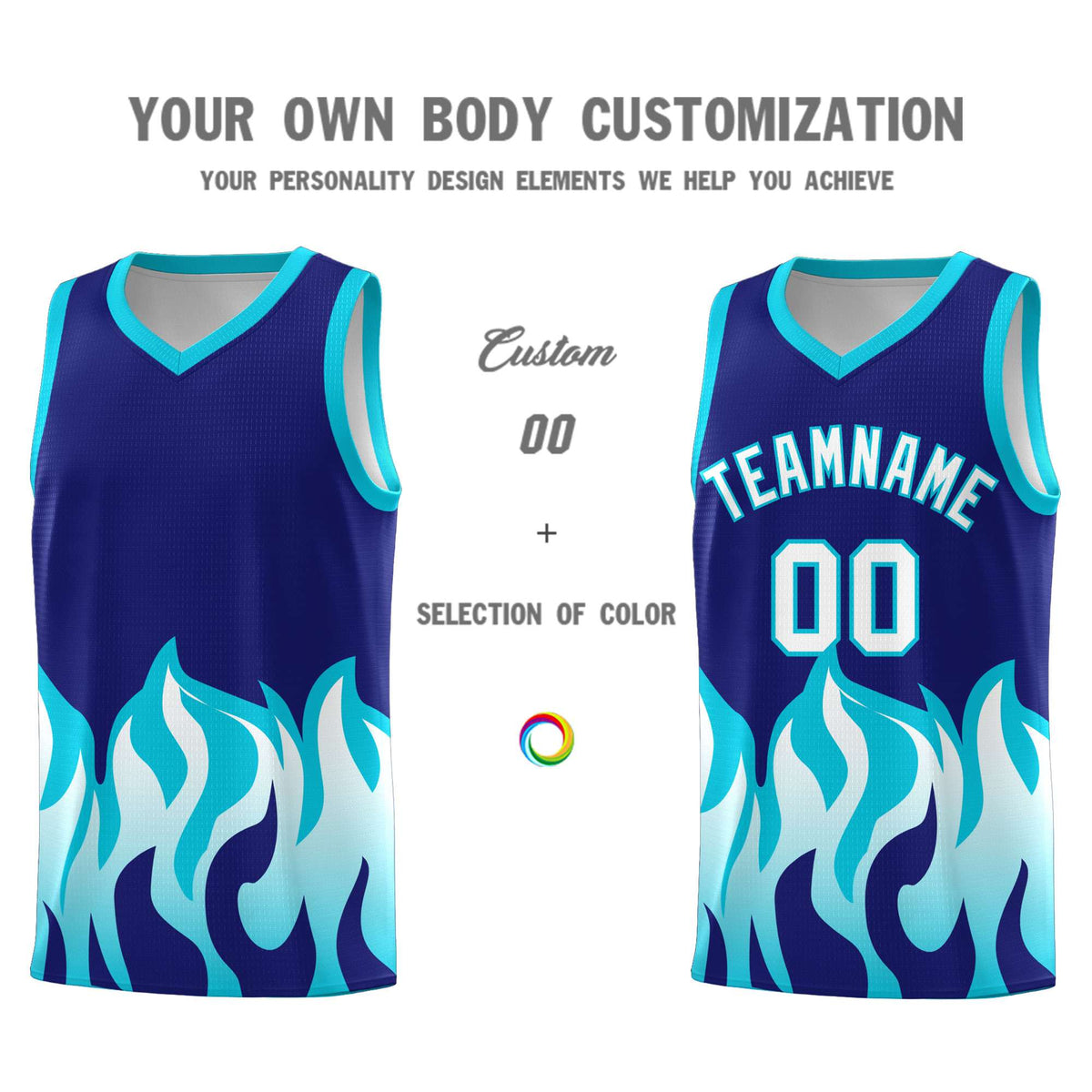 Custom Royal Sky Blue Hem Flame Pattern Fashion Sports Uniform Basketball jersey