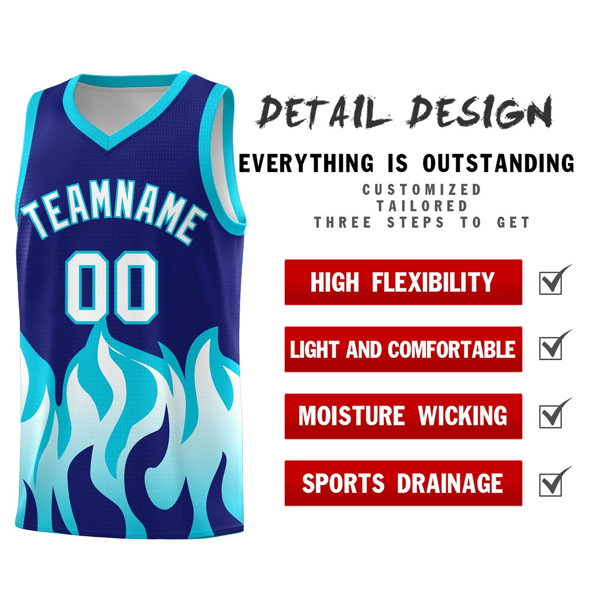Custom Royal Sky Blue Hem Flame Pattern Fashion Sports Uniform Basketball jersey