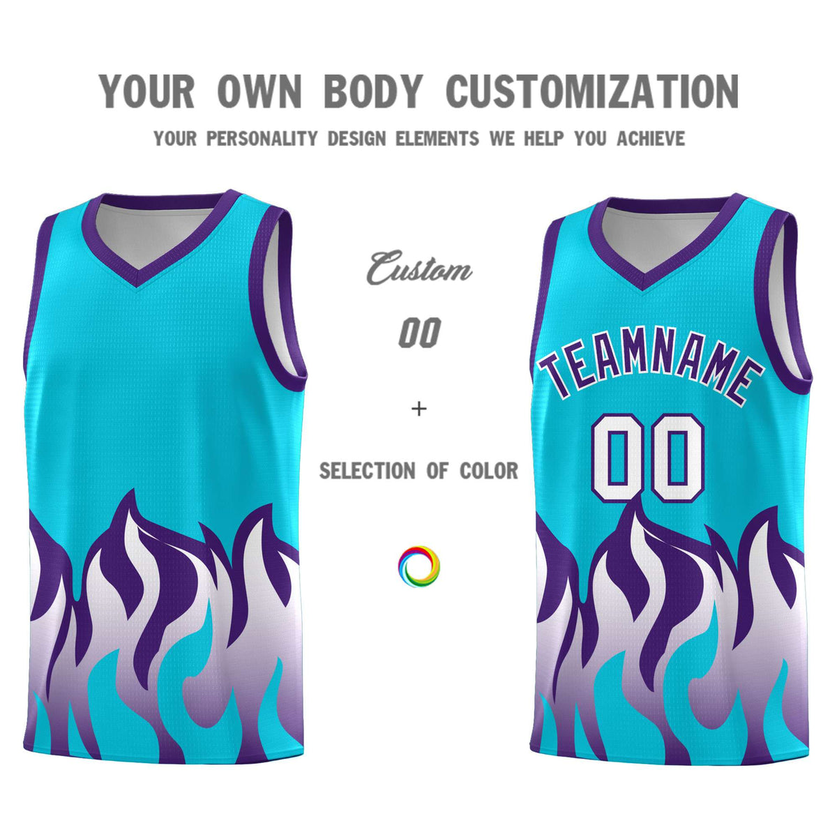 Custom Sky Blue Purple Hem Flame Pattern Fashion Sports Uniform Basketball jersey