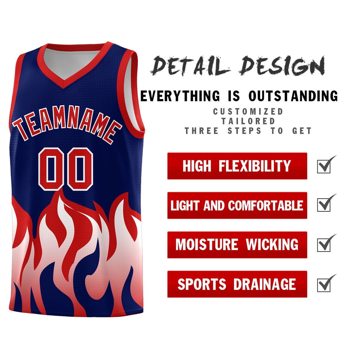 Custom Navy Red Hem Flame Pattern Fashion Sports Uniform Basketball jersey