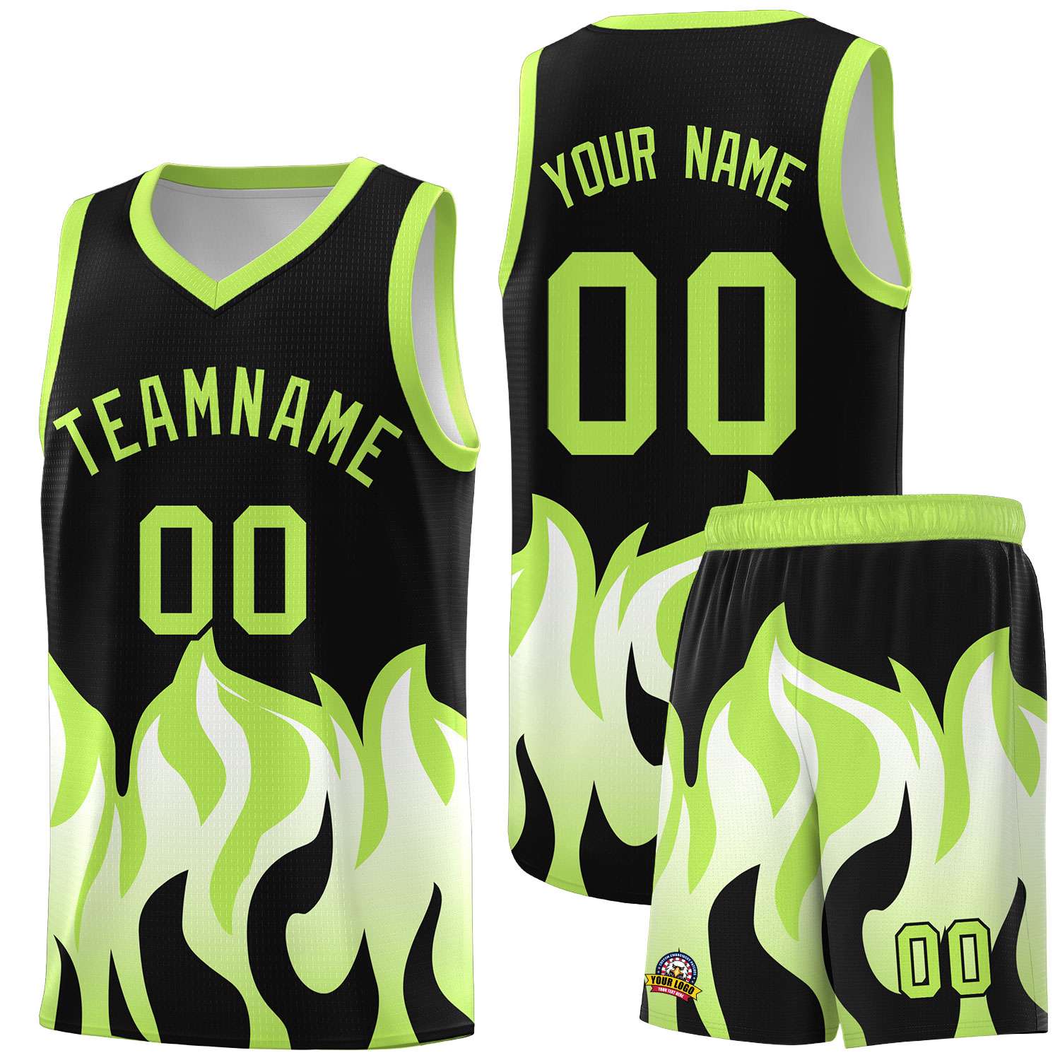 Custom Black Fluorescent Green Hem Flame Pattern Fashion Sports Uniform Basketball jersey