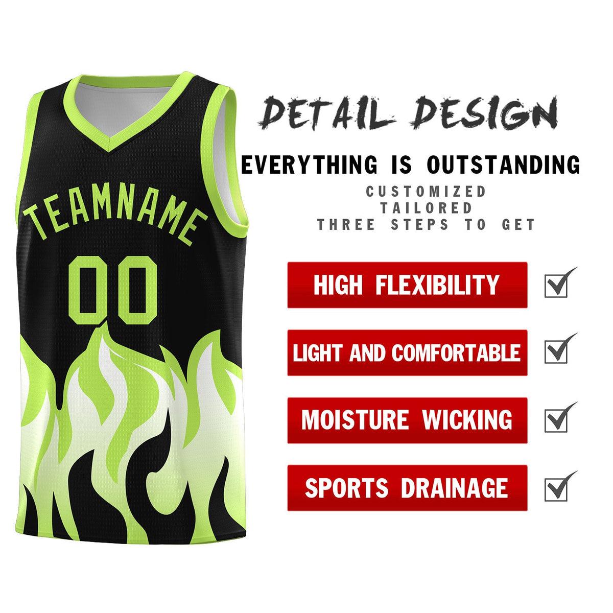 Custom Black Fluorescent Green Hem Flame Pattern Fashion Sports Uniform Basketball jersey