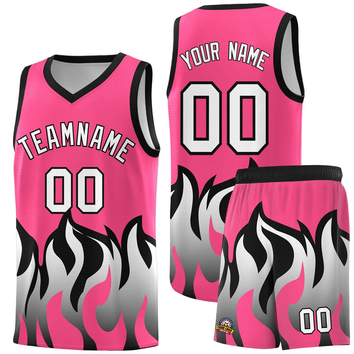 Custom Pink Black Hem Flame Pattern Fashion Sports Uniform Basketball jersey