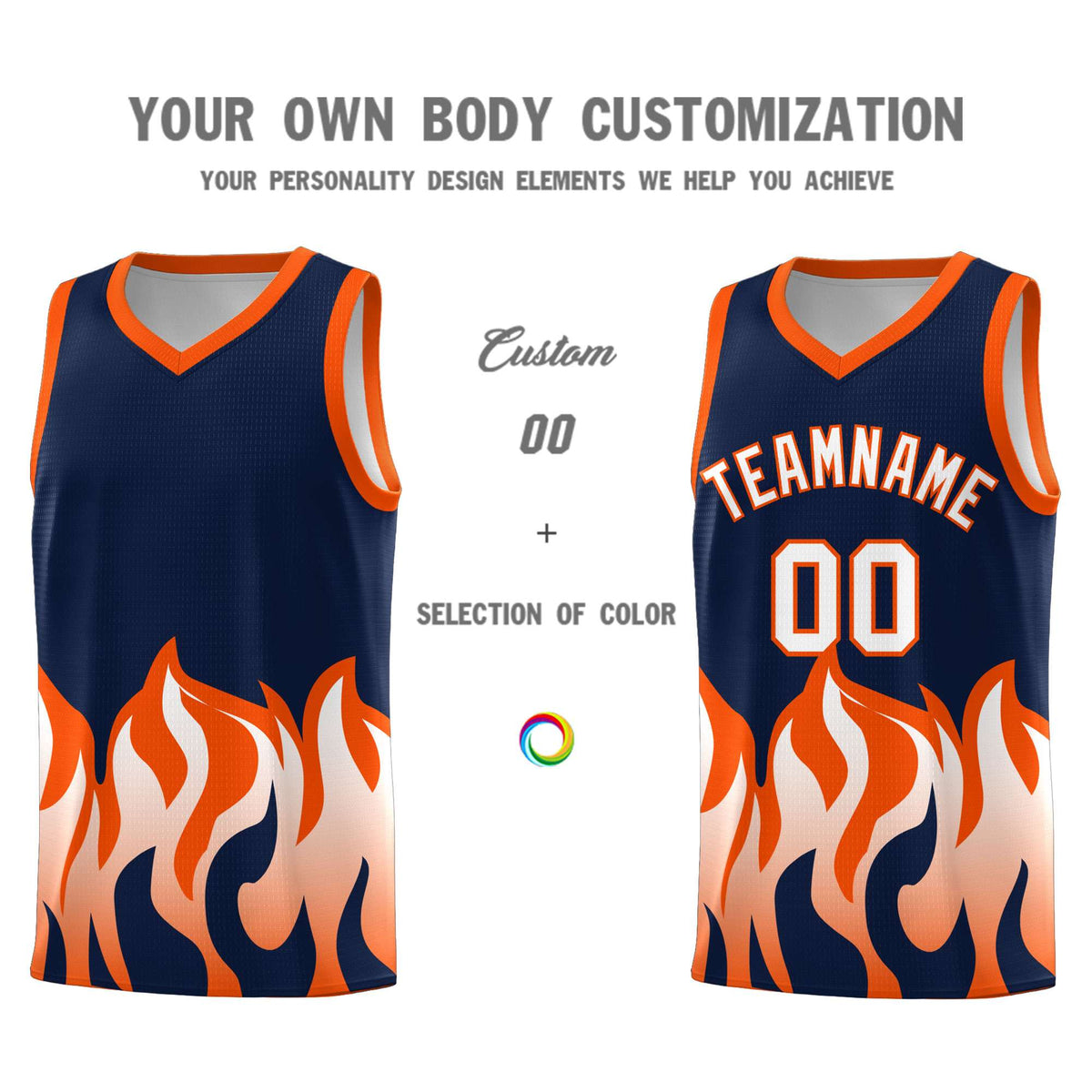 Custom Navy Orange Hem Flame Pattern Fashion Sports Uniform Basketball jersey