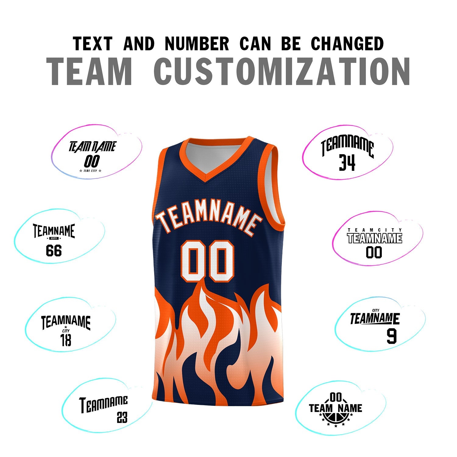 Custom Navy Orange Hem Flame Pattern Fashion Sports Uniform Basketball jersey
