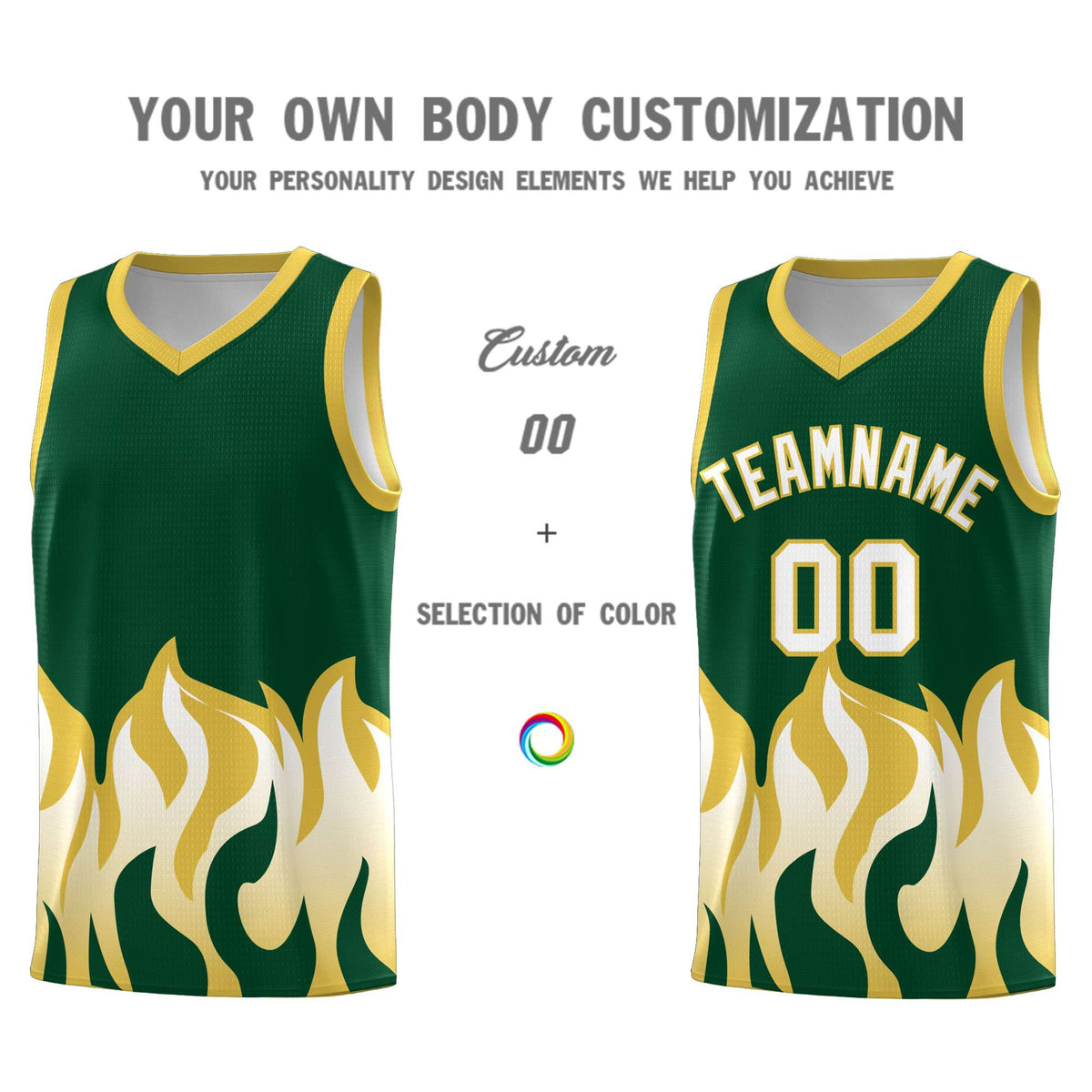 Custom Kelly Green Old Gold Hem Flame Pattern Fashion Sports Uniform Basketball jersey