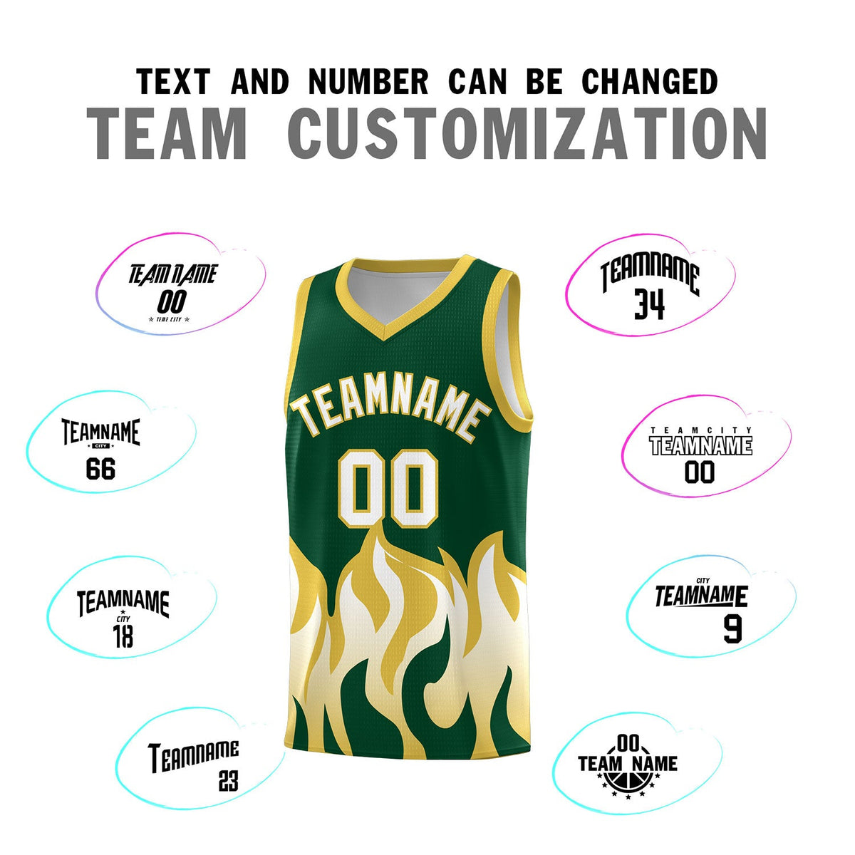 Custom Kelly Green Old Gold Hem Flame Pattern Fashion Sports Uniform Basketball jersey