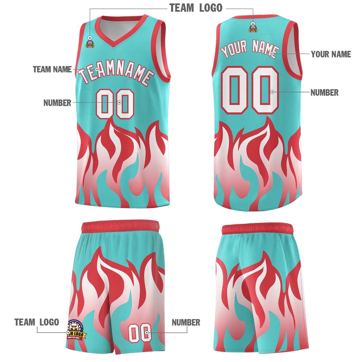 Custom Bright Green Light Red Hem Flame Pattern Fashion Sports Uniform Basketball jersey