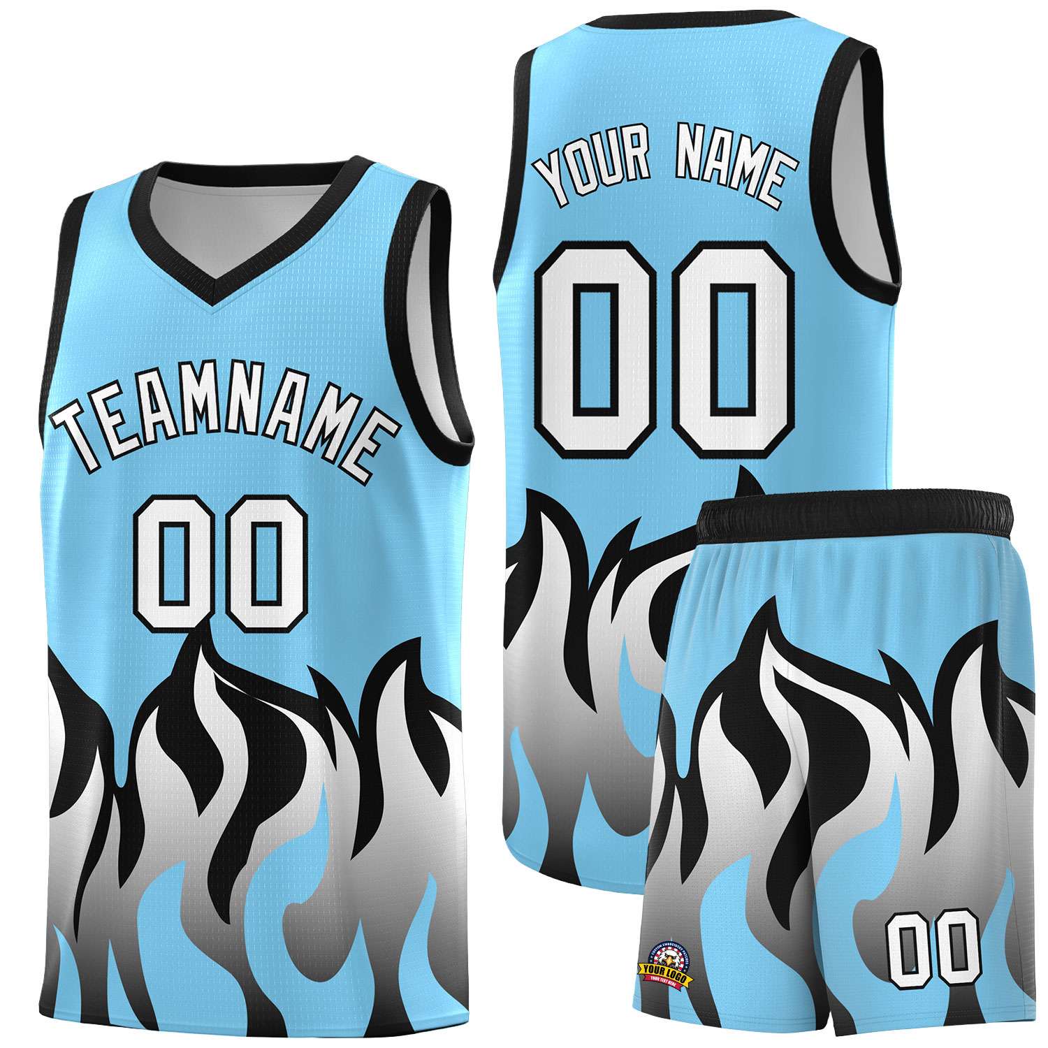 Custom Light Blue Black Hem Flame Pattern Fashion Sports Uniform Basketball jersey