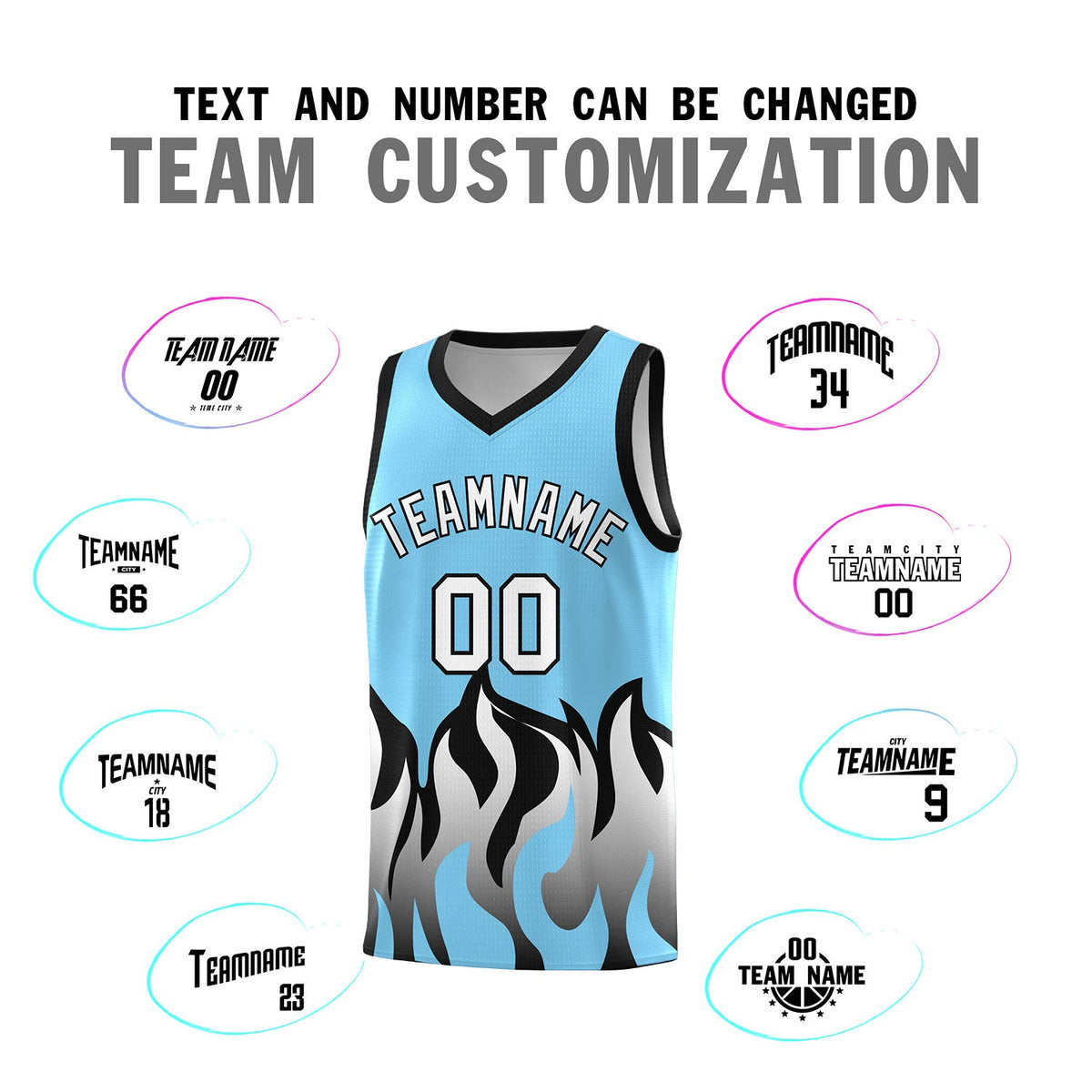 Custom Light Blue Black Hem Flame Pattern Fashion Sports Uniform Basketball jersey
