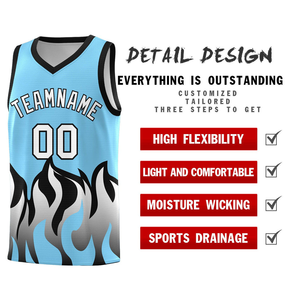 Custom Light Blue Black Hem Flame Pattern Fashion Sports Uniform Basketball jersey