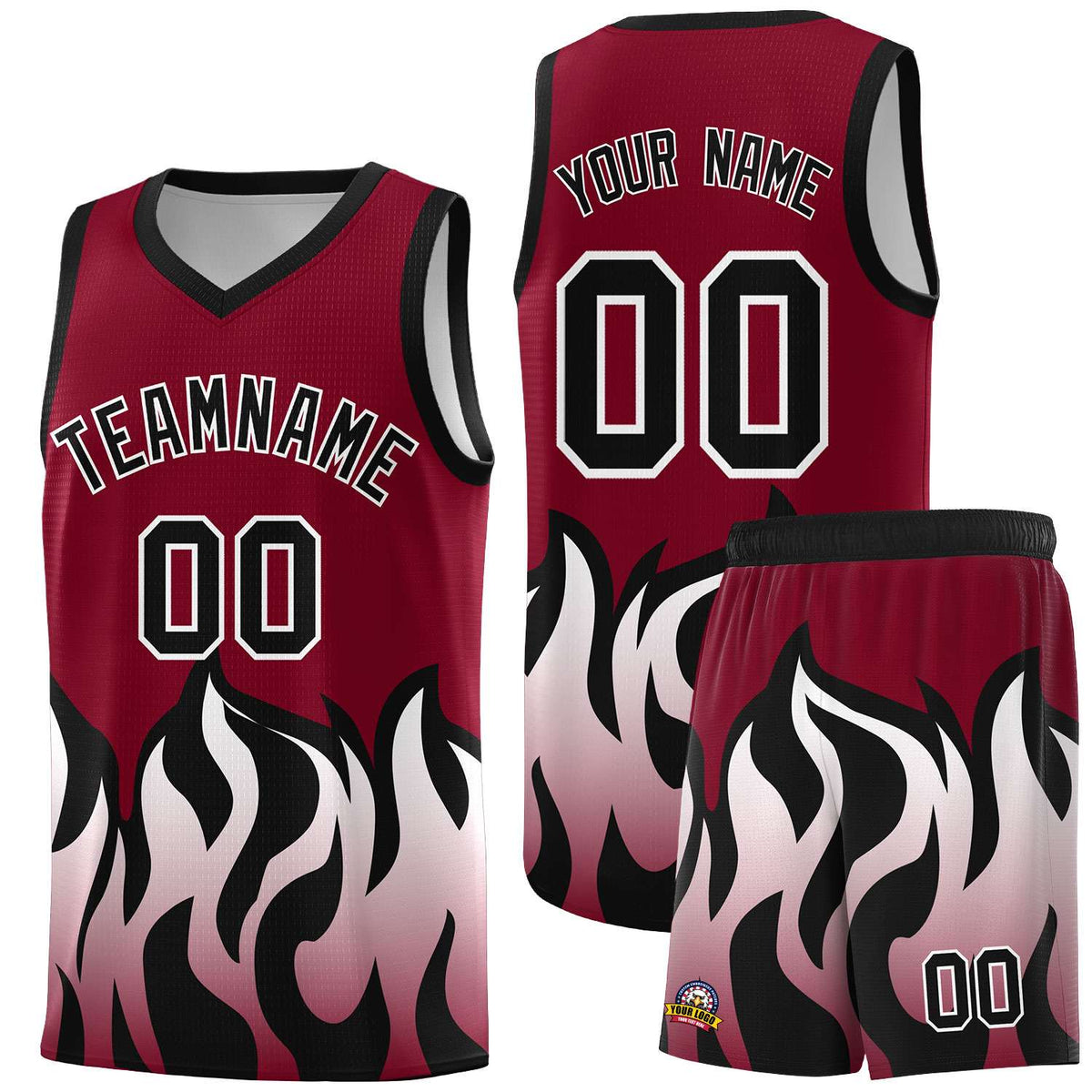 Custom Crimson Black Hem Flame Pattern Fashion Sports Uniform Basketball jersey