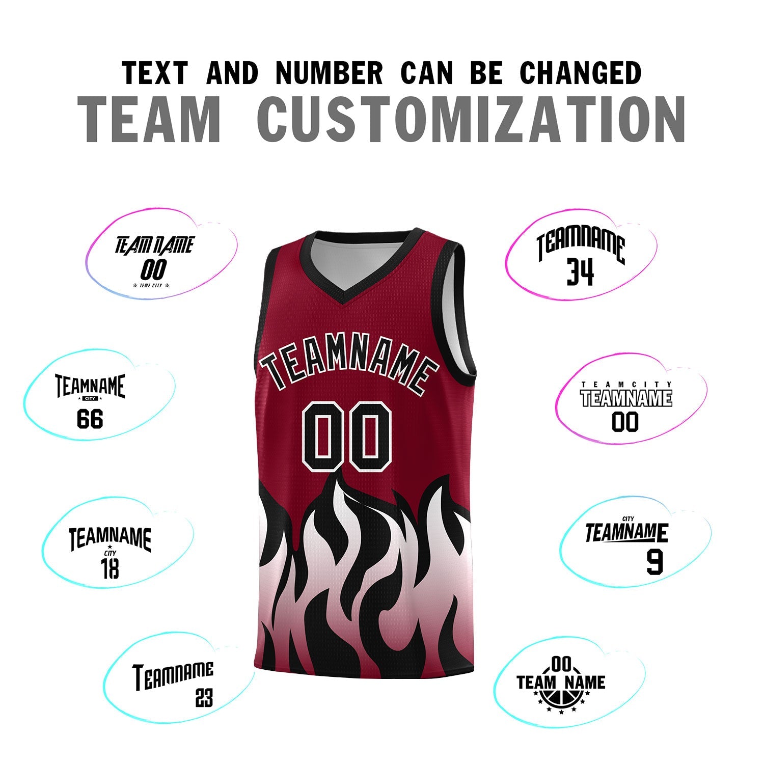 Custom Crimson Black Hem Flame Pattern Fashion Sports Uniform Basketball jersey