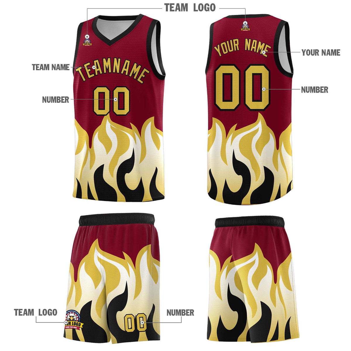 Custom Crimson Old Gold Hem Flame Pattern Fashion Sports Uniform Basketball jersey
