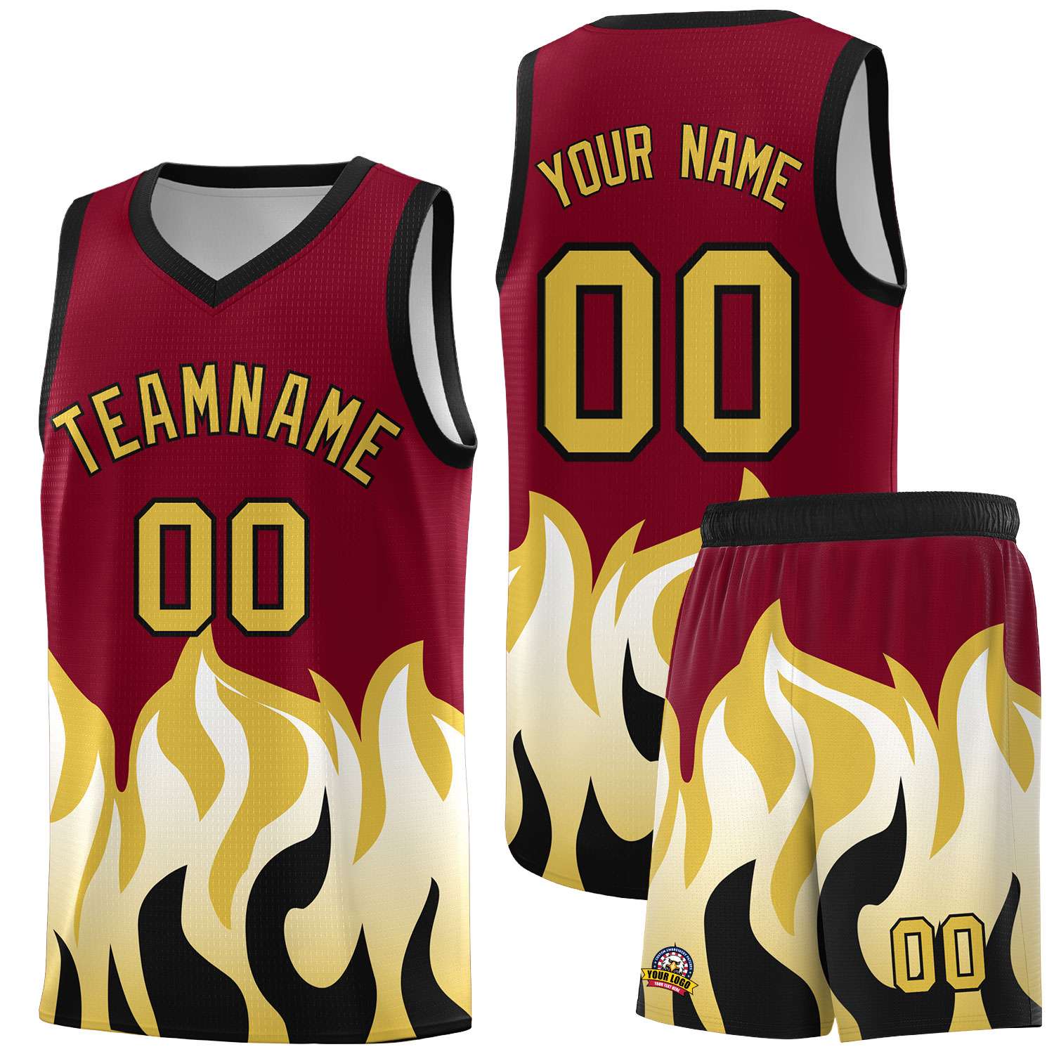 Custom Crimson Old Gold Hem Flame Pattern Fashion Sports Uniform Basketball jersey