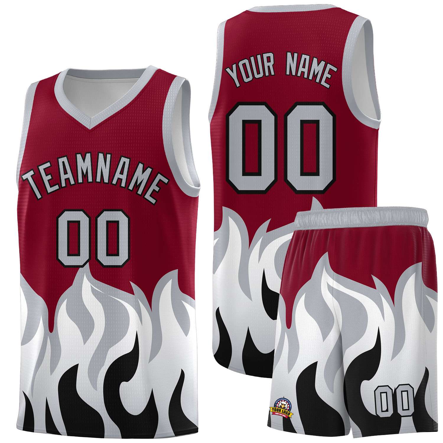 Custom Crimson Gray Hem Flame Pattern Fashion Sports Uniform Basketball jersey