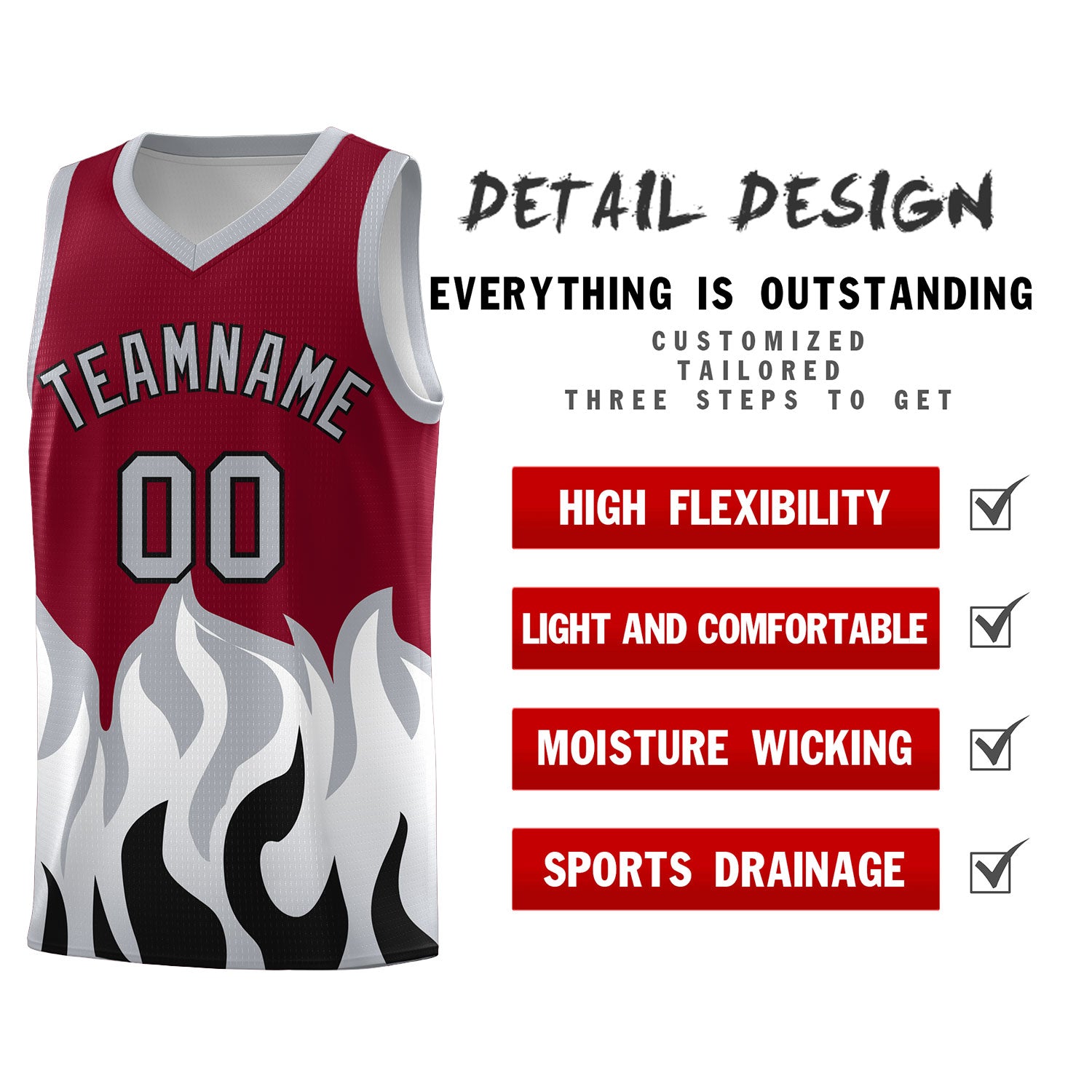 Custom Crimson Gray Hem Flame Pattern Fashion Sports Uniform Basketball jersey