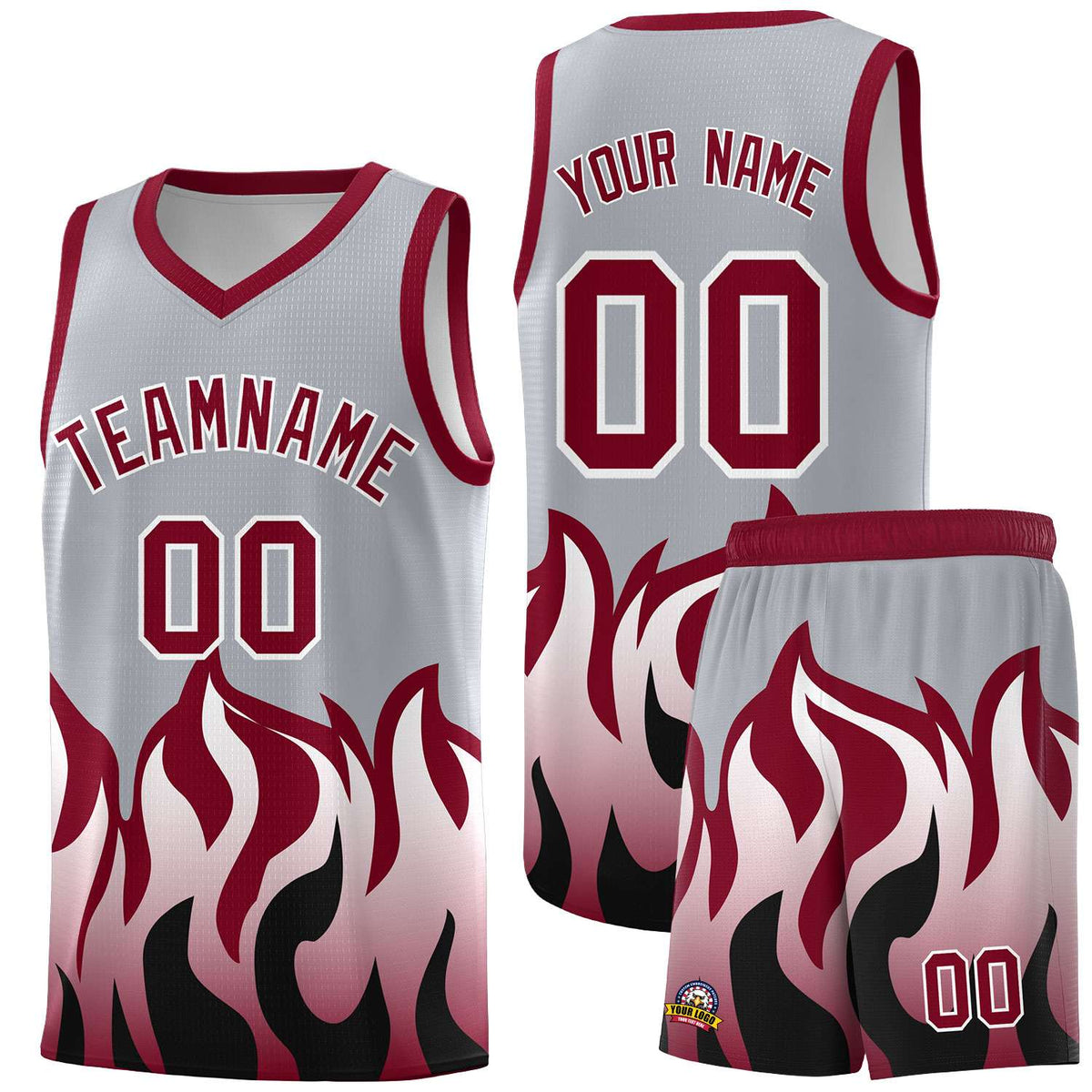 Custom Gray Crimson Hem Flame Pattern Fashion Sports Uniform Basketball jersey