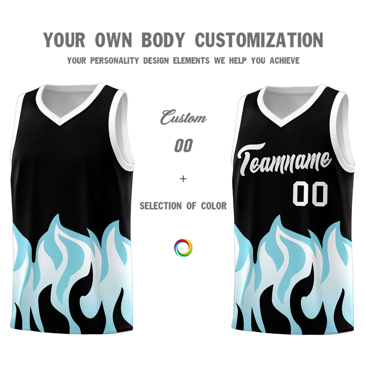Custom Black Sky Blue Hem Flame Pattern Fashion Sports Uniform Basketball jersey