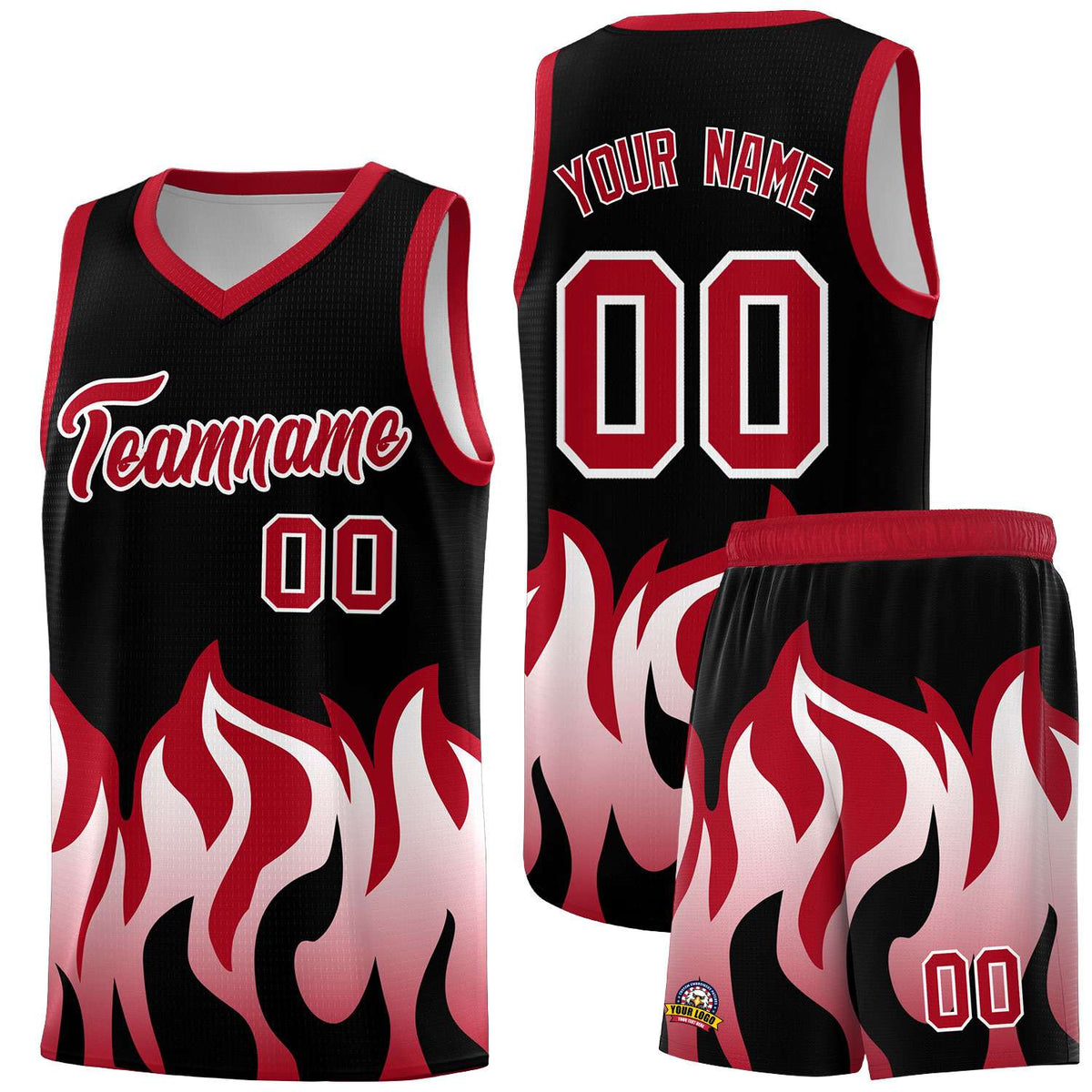 Custom Black Red Hem Flame Pattern Fashion Sports Uniform Basketball jersey