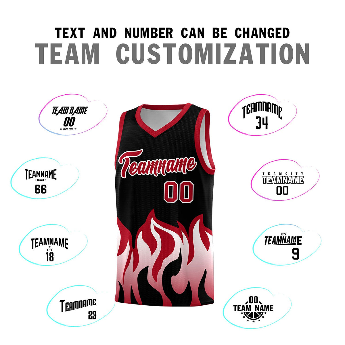 Custom Black Red Hem Flame Pattern Fashion Sports Uniform Basketball jersey