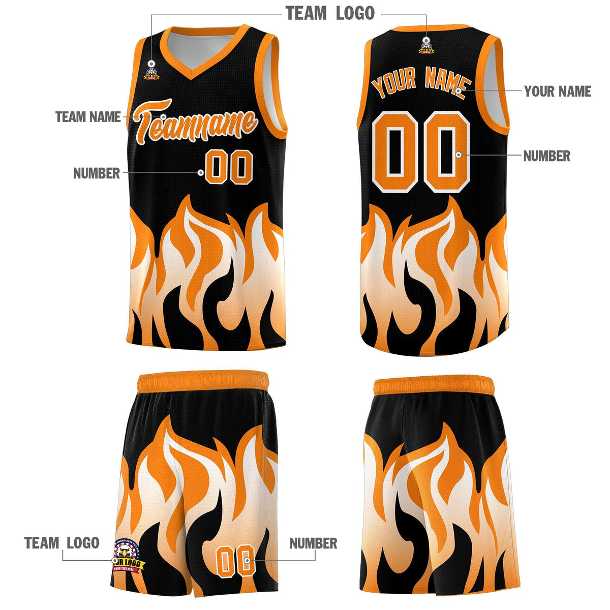 Custom Black Orange Hem Flame Pattern Fashion Sports Uniform Basketball jersey