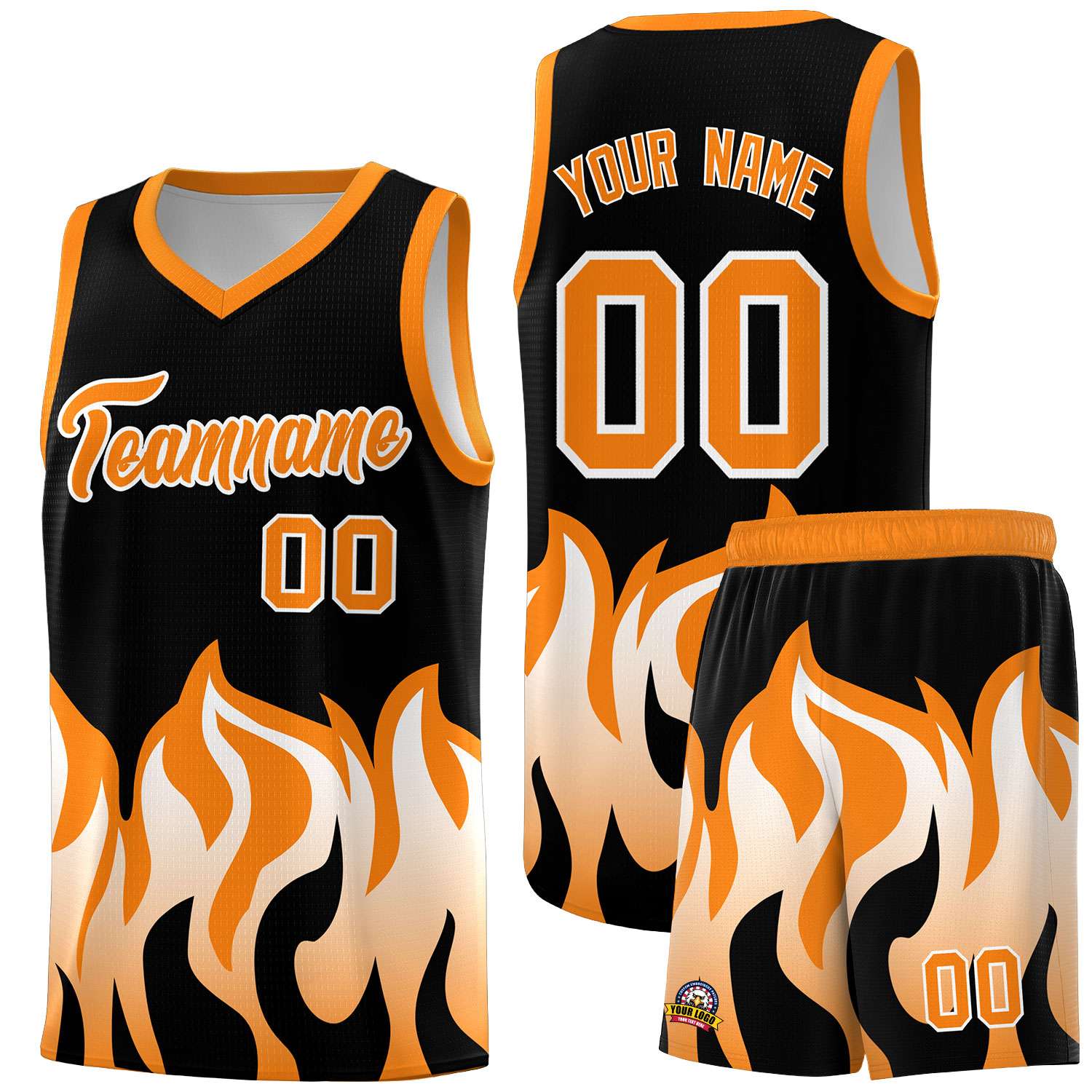 Custom Black Orange Hem Flame Pattern Fashion Sports Uniform Basketball jersey