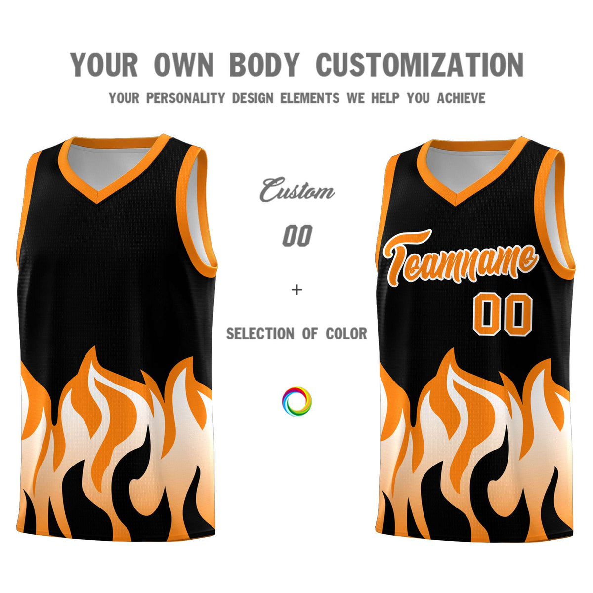 Custom Black Orange Hem Flame Pattern Fashion Sports Uniform Basketball jersey