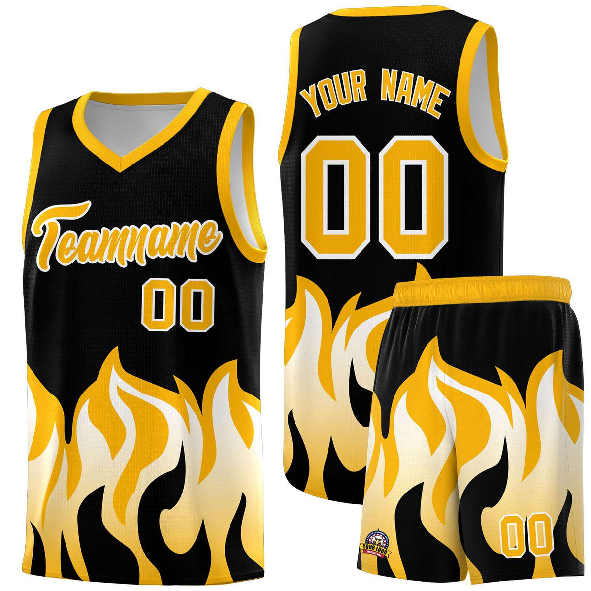 Custom Black Yellow Hem Flame Pattern Fashion Sports Uniform Basketball jersey