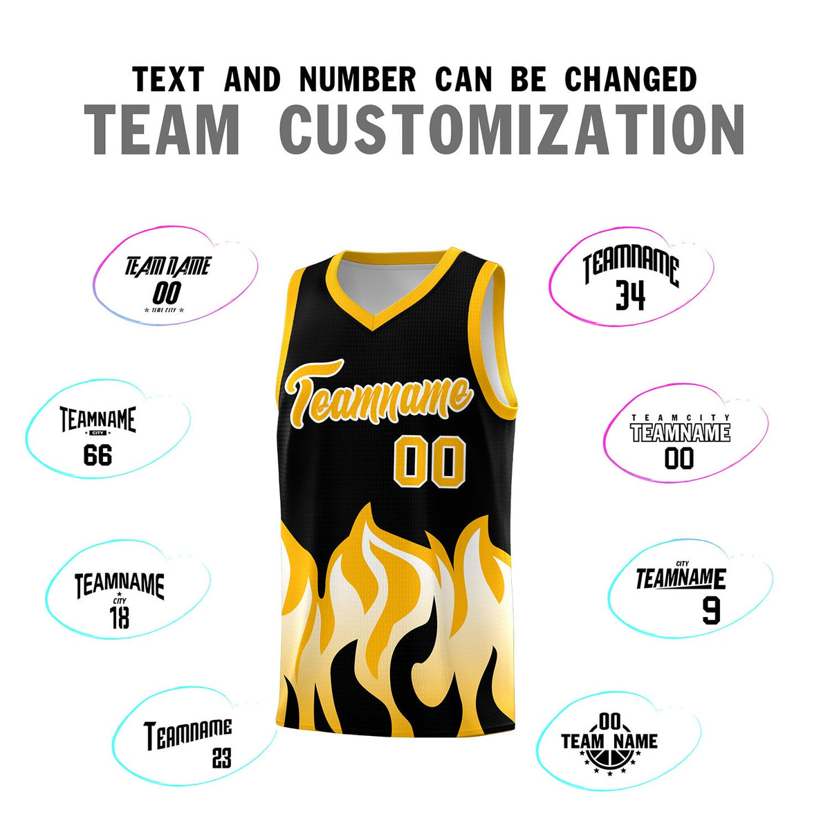Custom Black Yellow Hem Flame Pattern Fashion Sports Uniform Basketball jersey