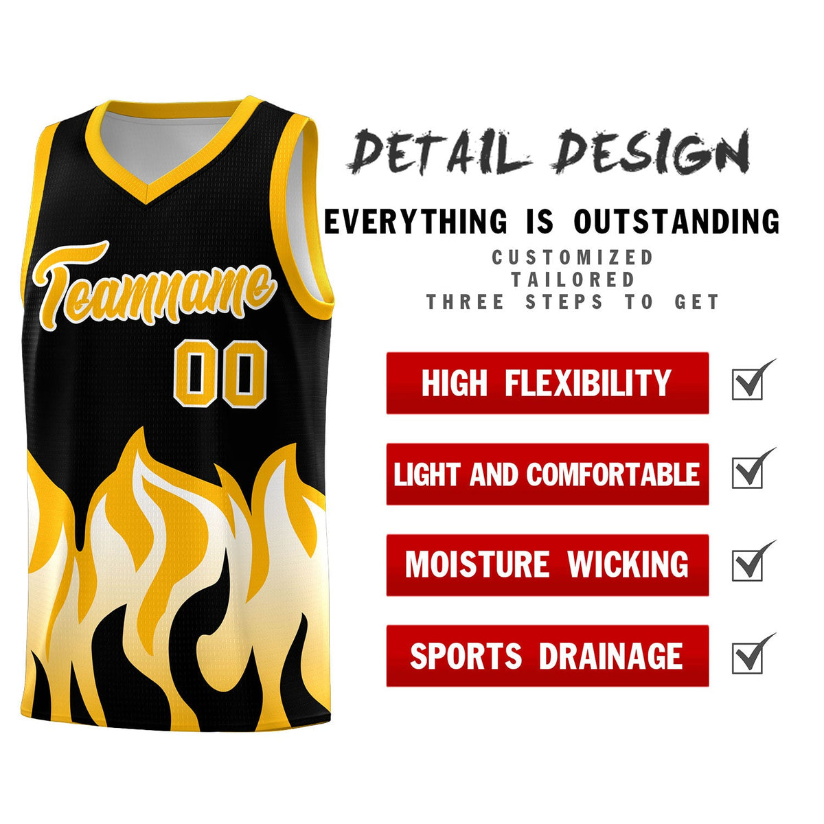 Custom Black Yellow Hem Flame Pattern Fashion Sports Uniform Basketball jersey