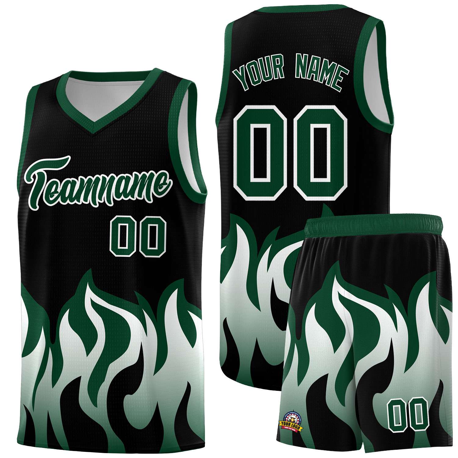 Custom Black Hunter Green Hem Flame Pattern Fashion Sports Uniform Basketball jersey