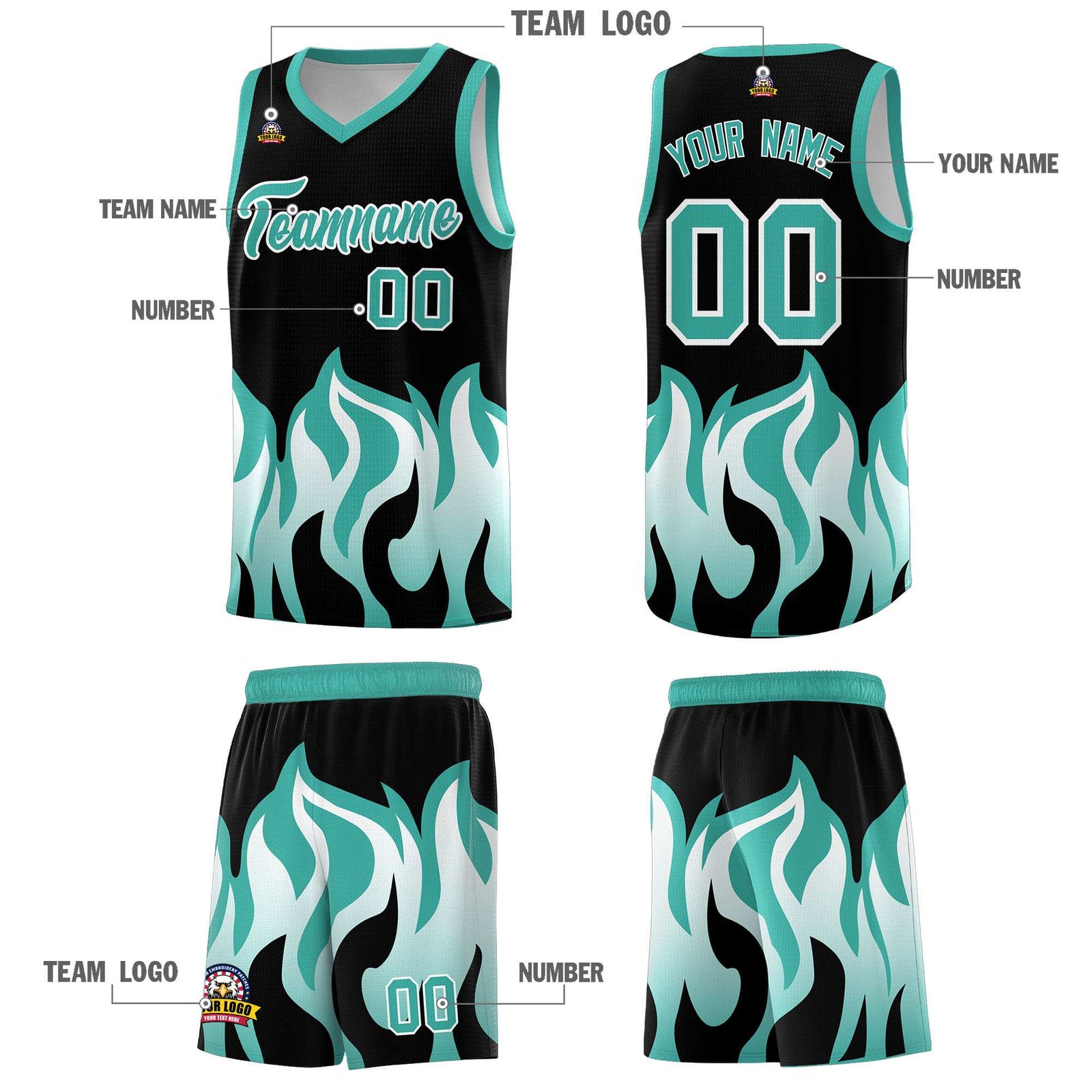 Custom Black Bright Green Hem Flame Pattern Fashion Sports Uniform Basketball jersey