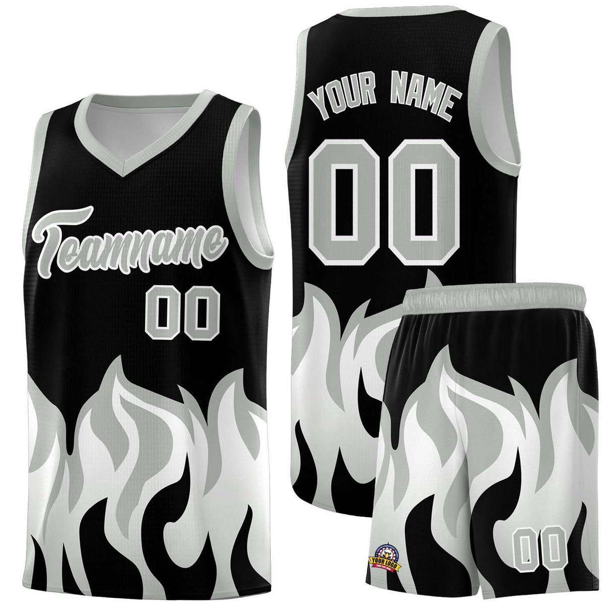 Custom Black Gray Hem Flame Pattern Fashion Sports Uniform Basketball jersey
