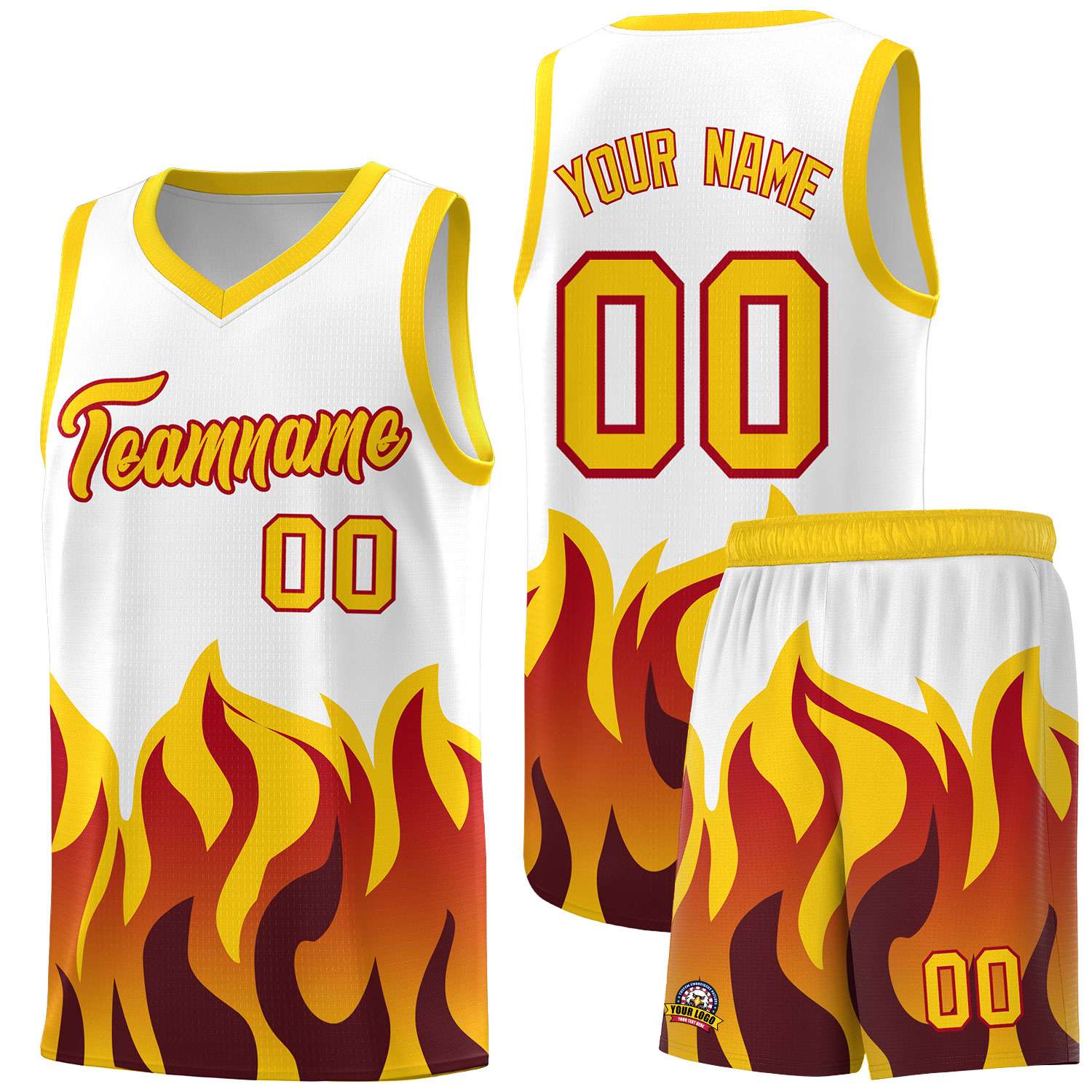 Custom White Gold Hem Flame Pattern Fashion Sports Uniform Basketball jersey